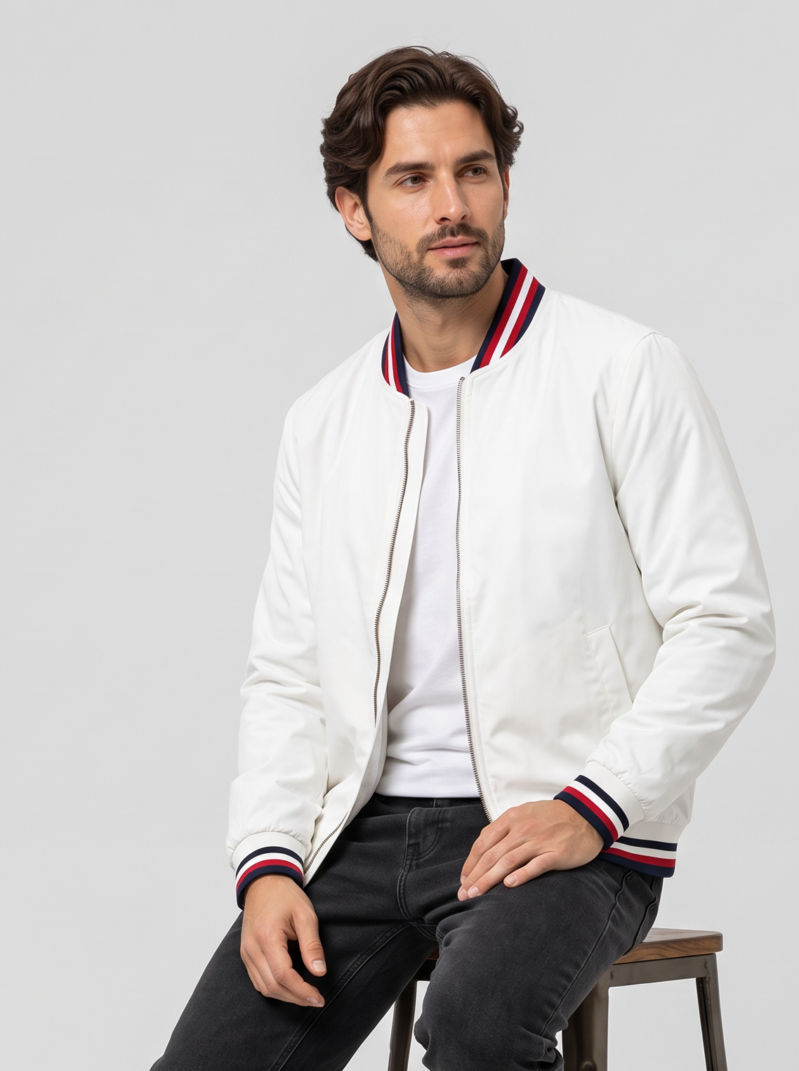 Giacca Bomber Uomo Leggera con Zip Bordi a Coste a Righe