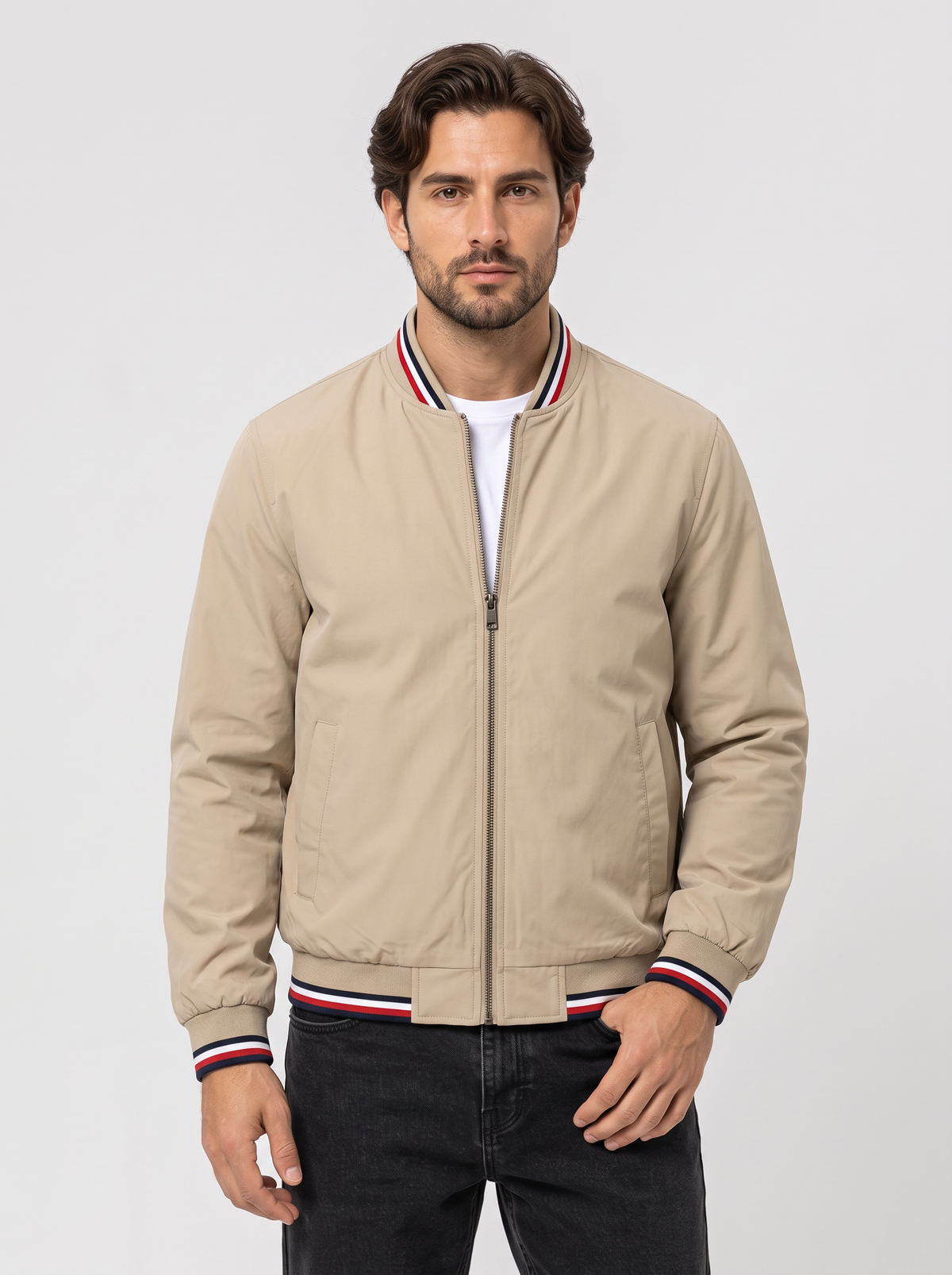 Giacca Bomber Uomo Leggera con Zip Bordi a Coste a Righe