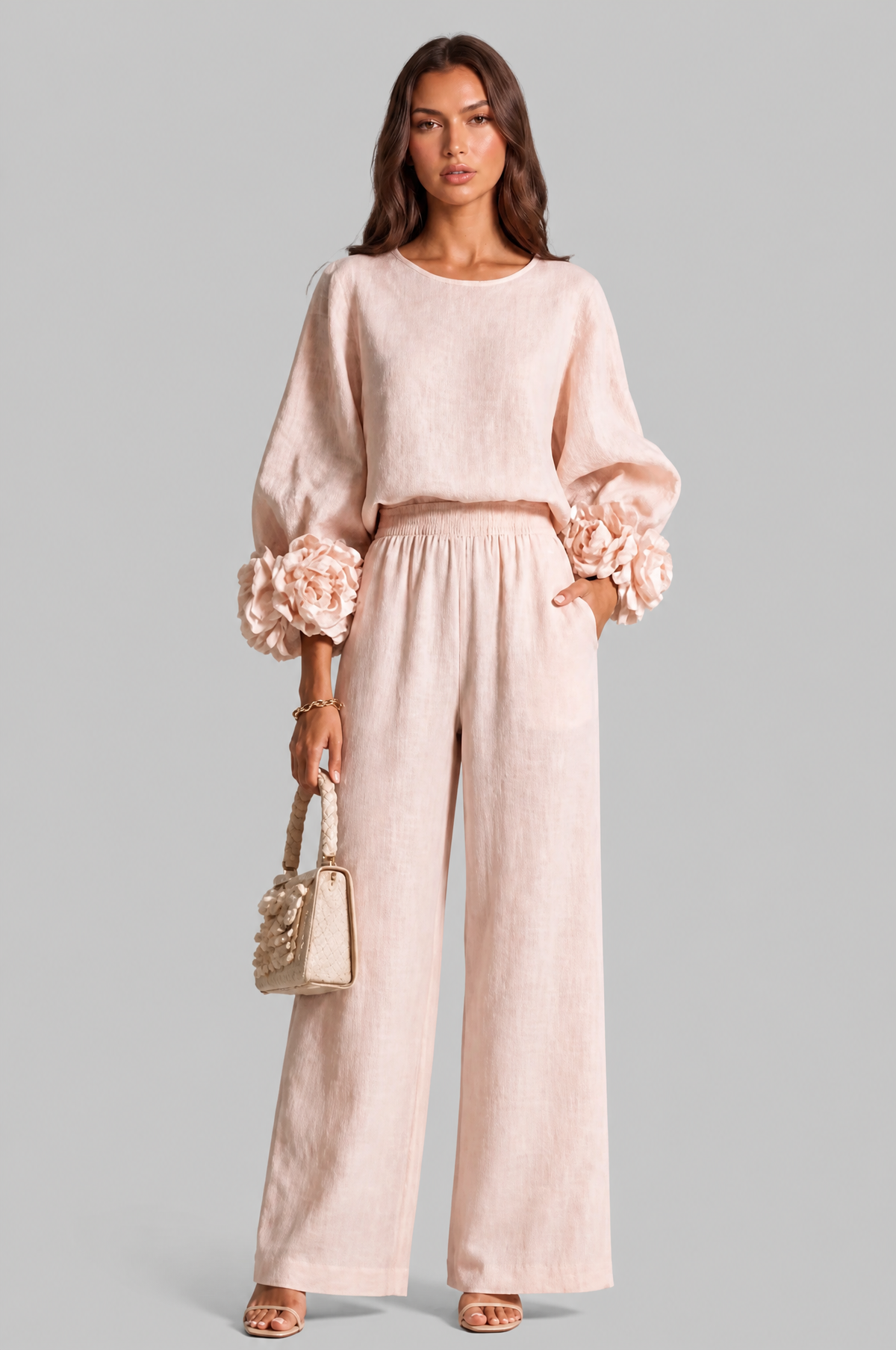 Completo Donna Top Rose 3D e Pantaloni Palazzo Coordinato Donna