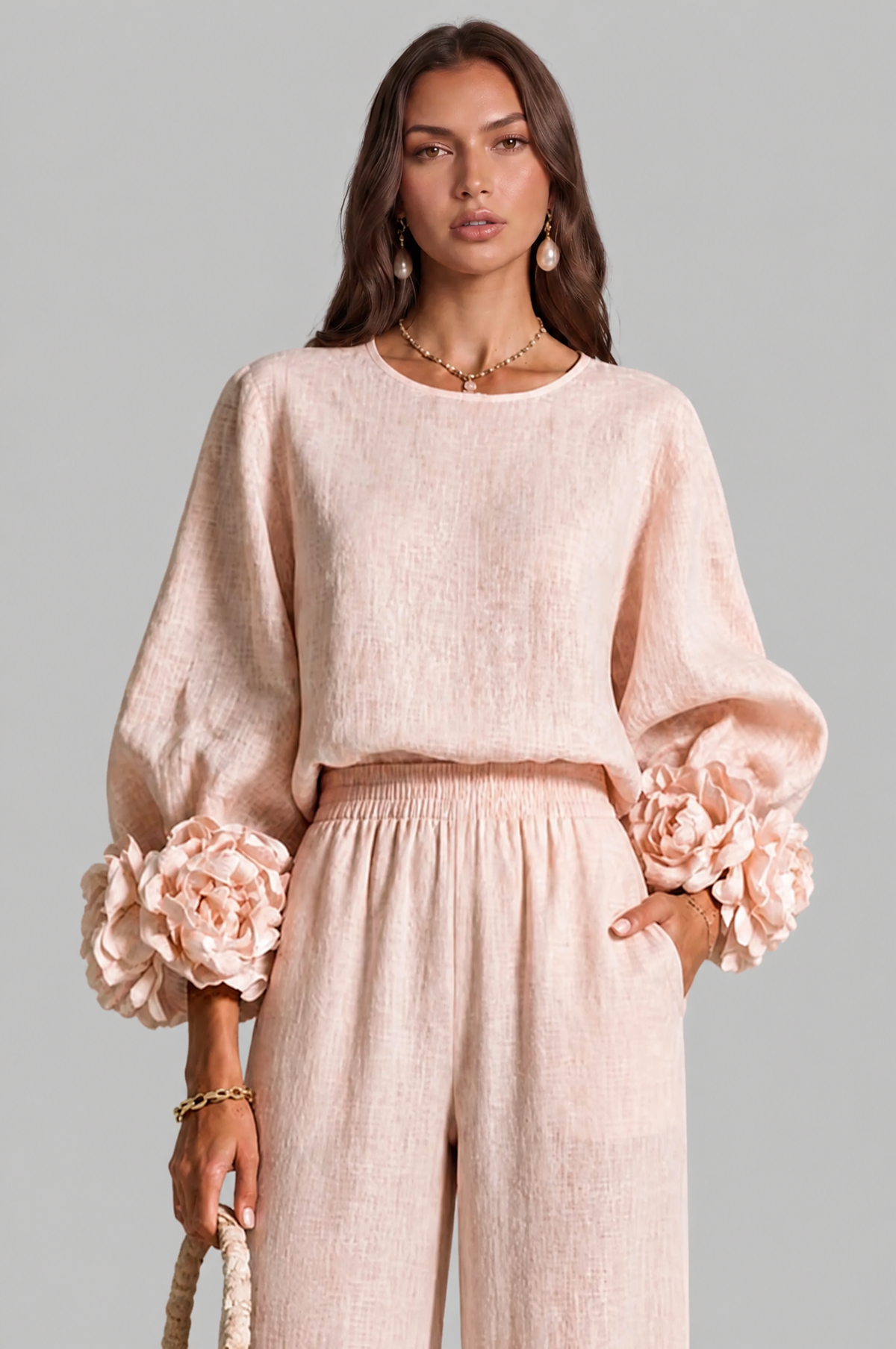 Completo Donna Top Rose 3D e Pantaloni Palazzo Coordinato Donna