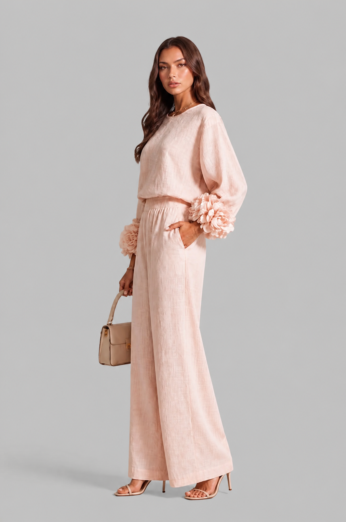 Completo Donna Top Rose 3D e Pantaloni Palazzo Coordinato Donna