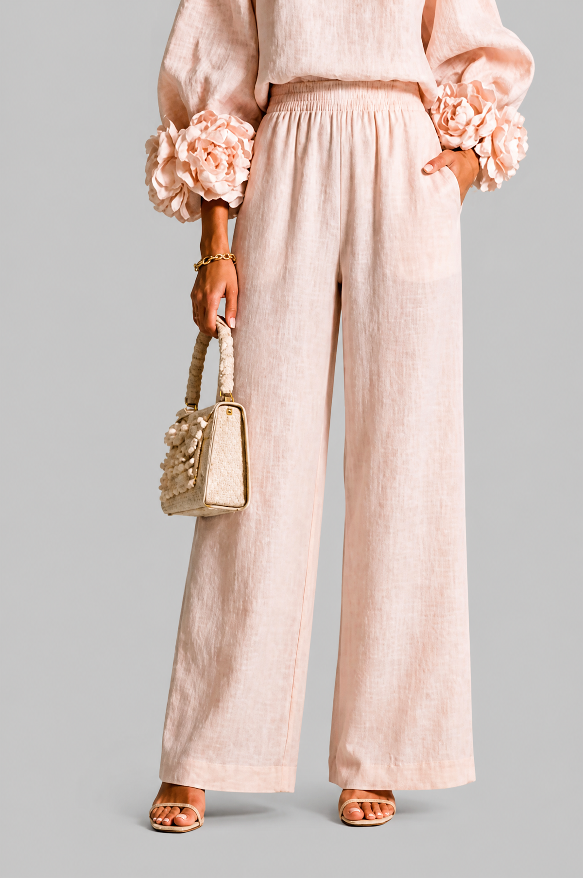 Completo Donna Top Rose 3D e Pantaloni Palazzo Coordinato Donna