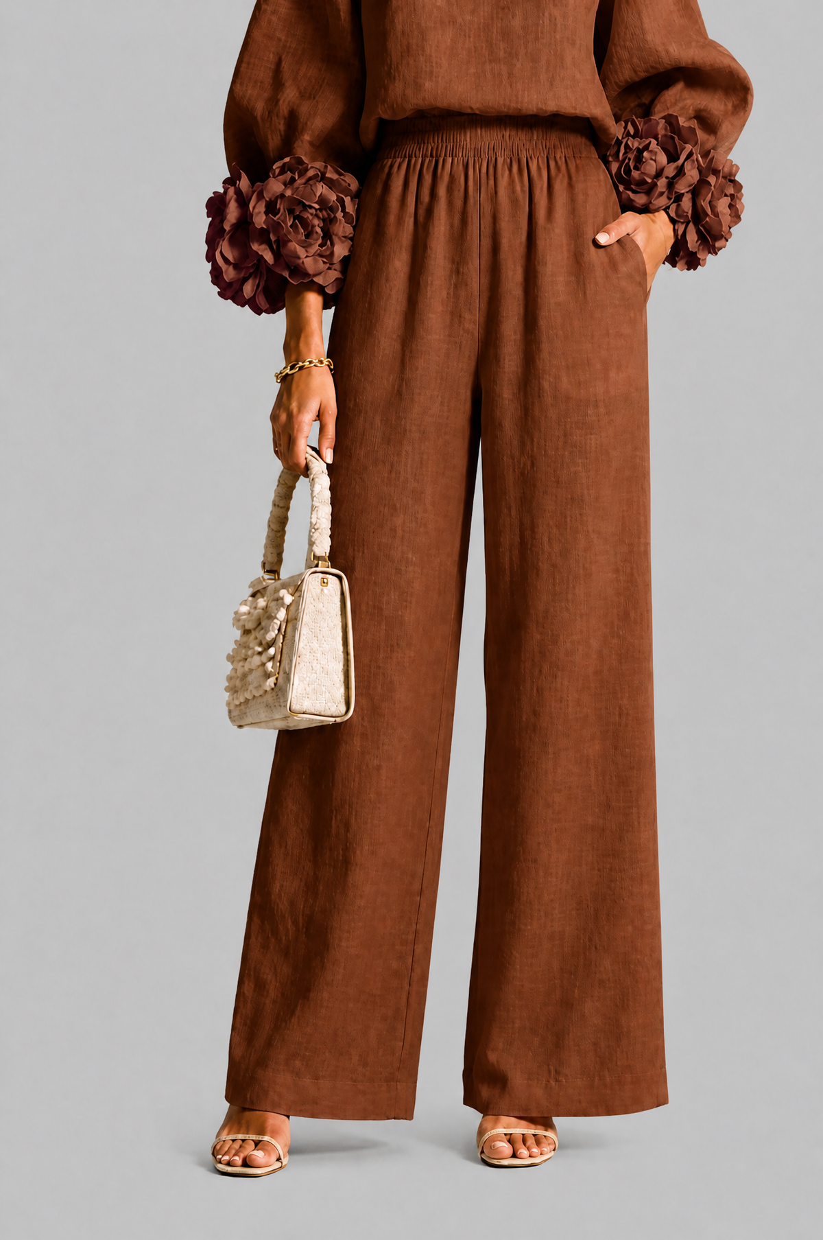 Completo Donna Top Rose 3D e Pantaloni Palazzo Coordinato Donna