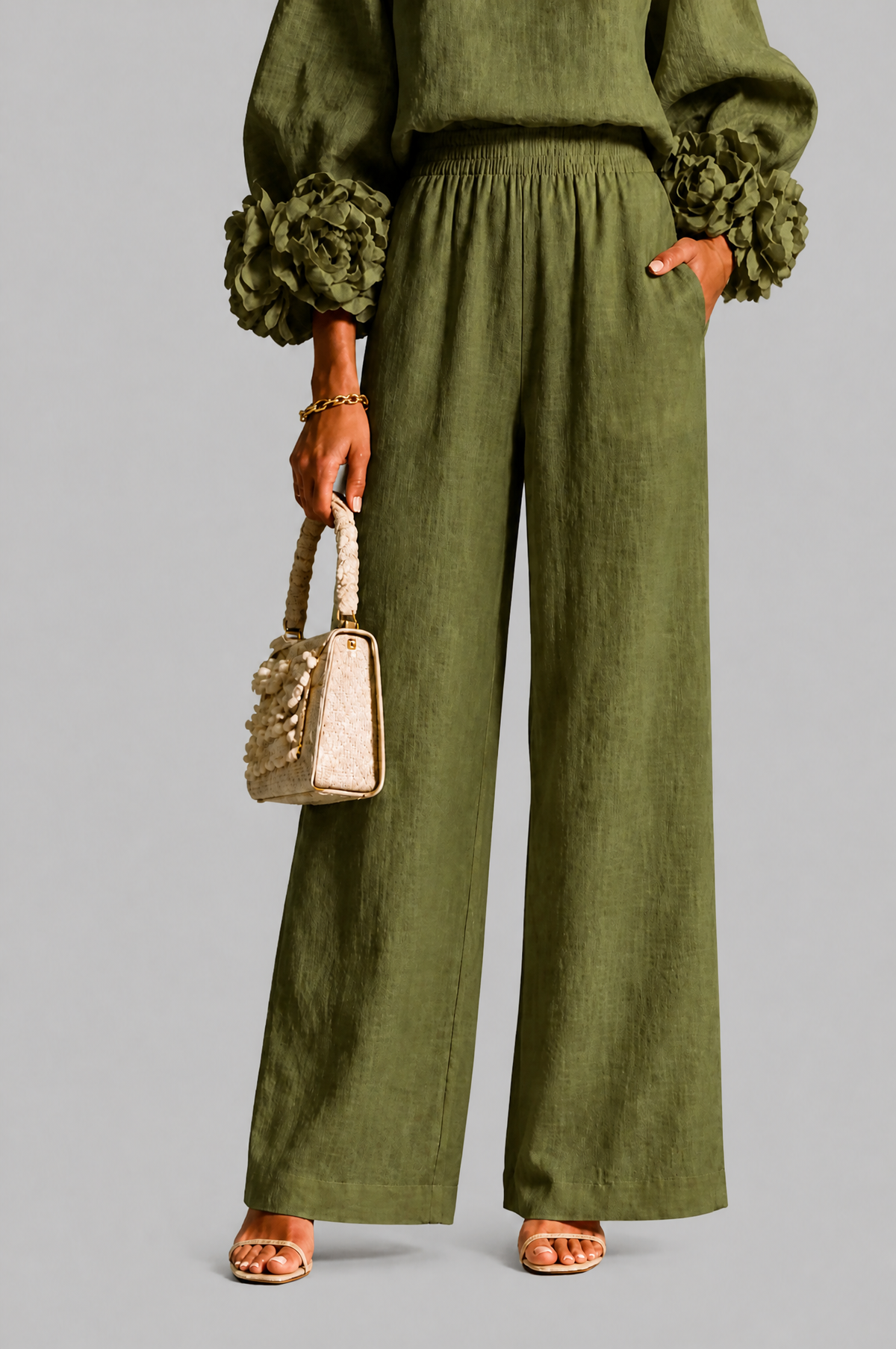 Completo Donna Top Rose 3D e Pantaloni Palazzo Coordinato Donna