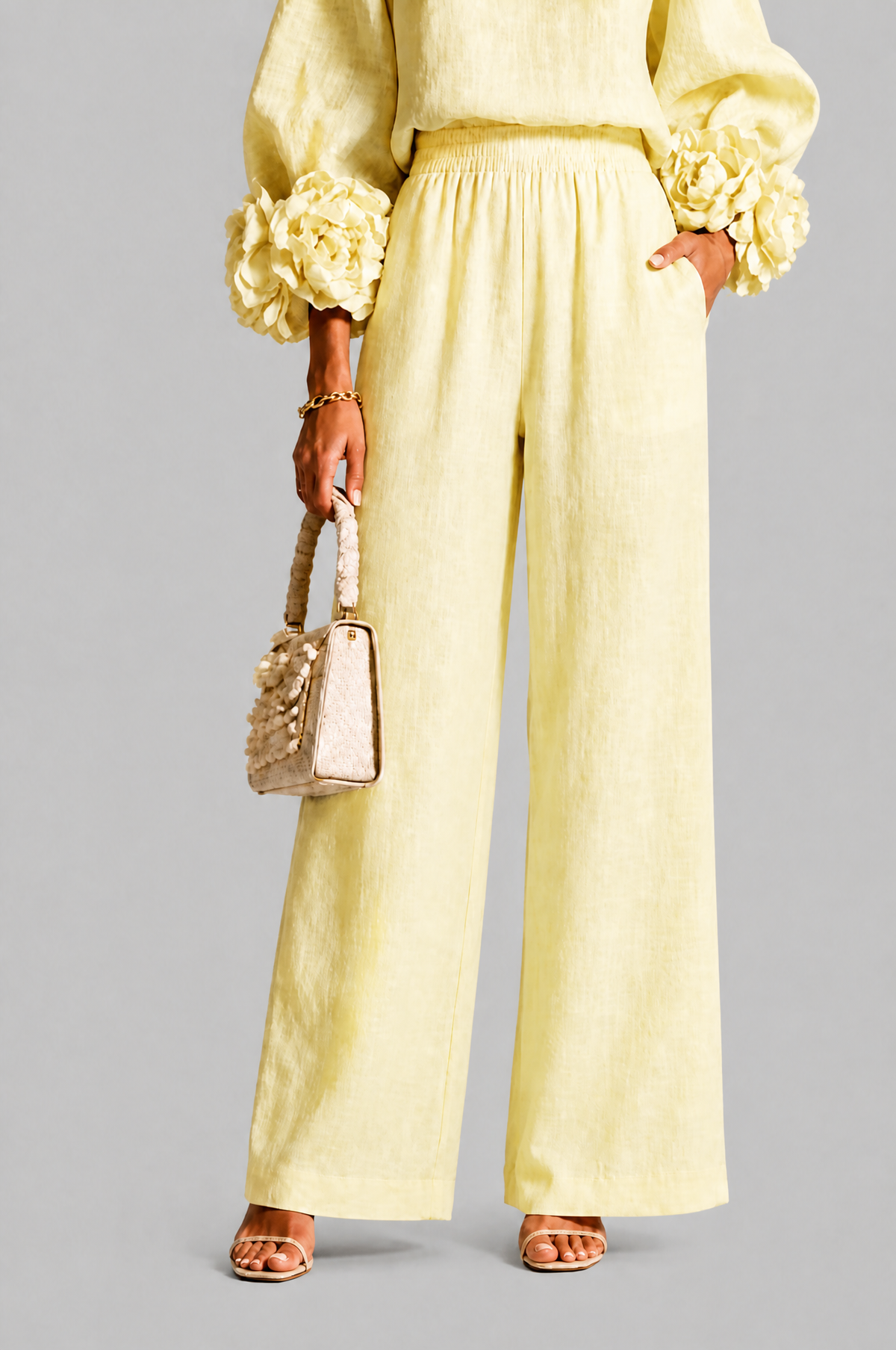 Completo Donna Top Rose 3D e Pantaloni Palazzo Coordinato Donna