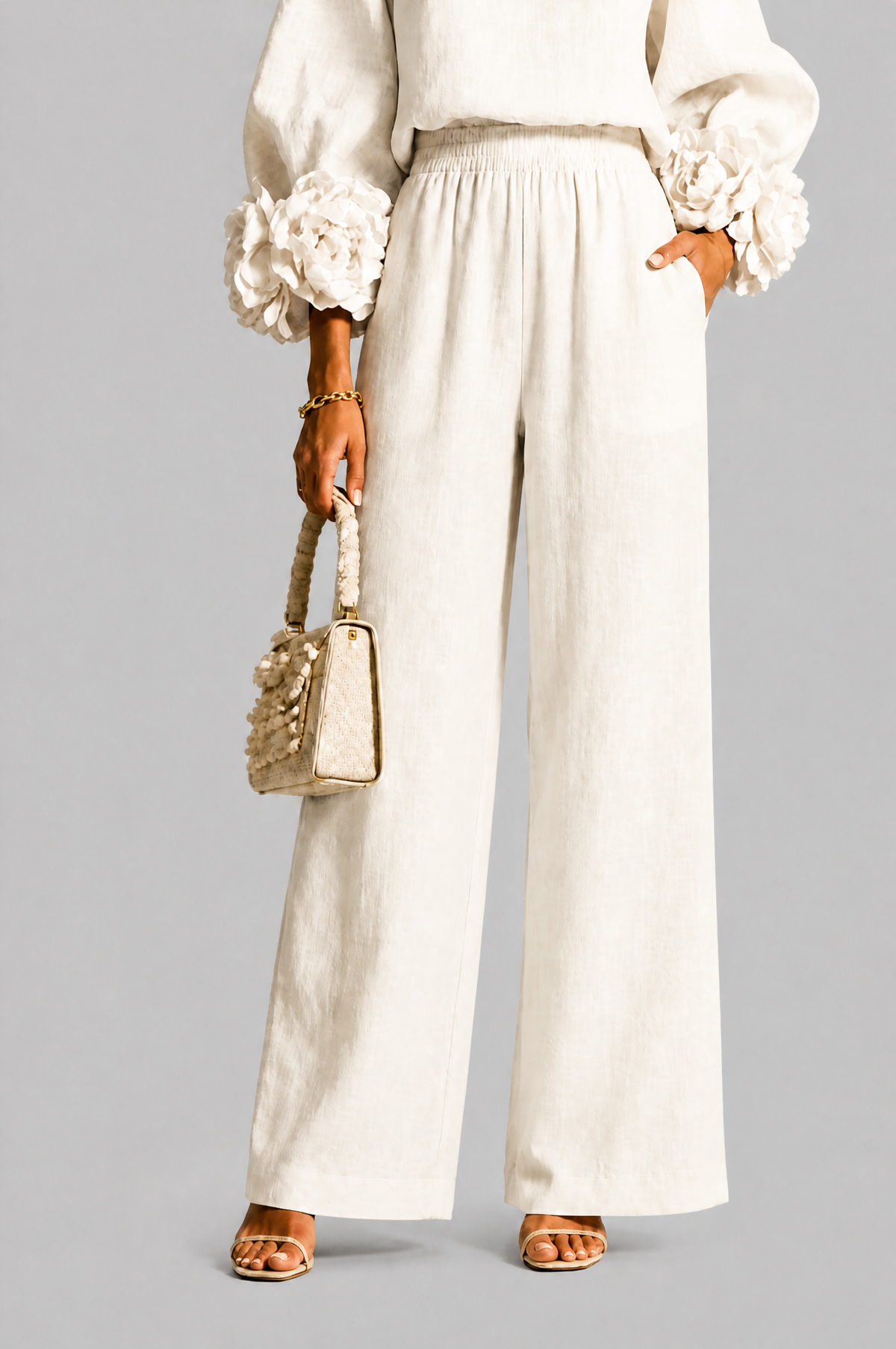 Completo Donna Top Rose 3D e Pantaloni Palazzo Coordinato Donna