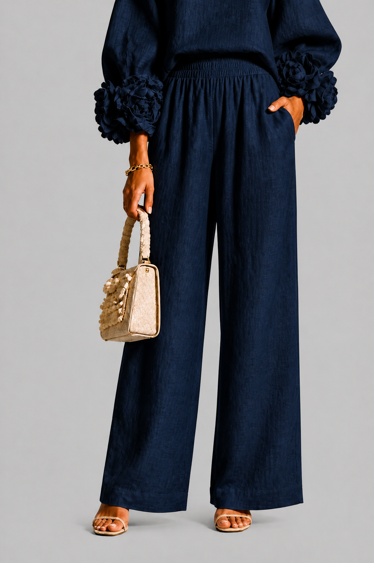 Completo Donna Top Rose 3D e Pantaloni Palazzo Coordinato Donna