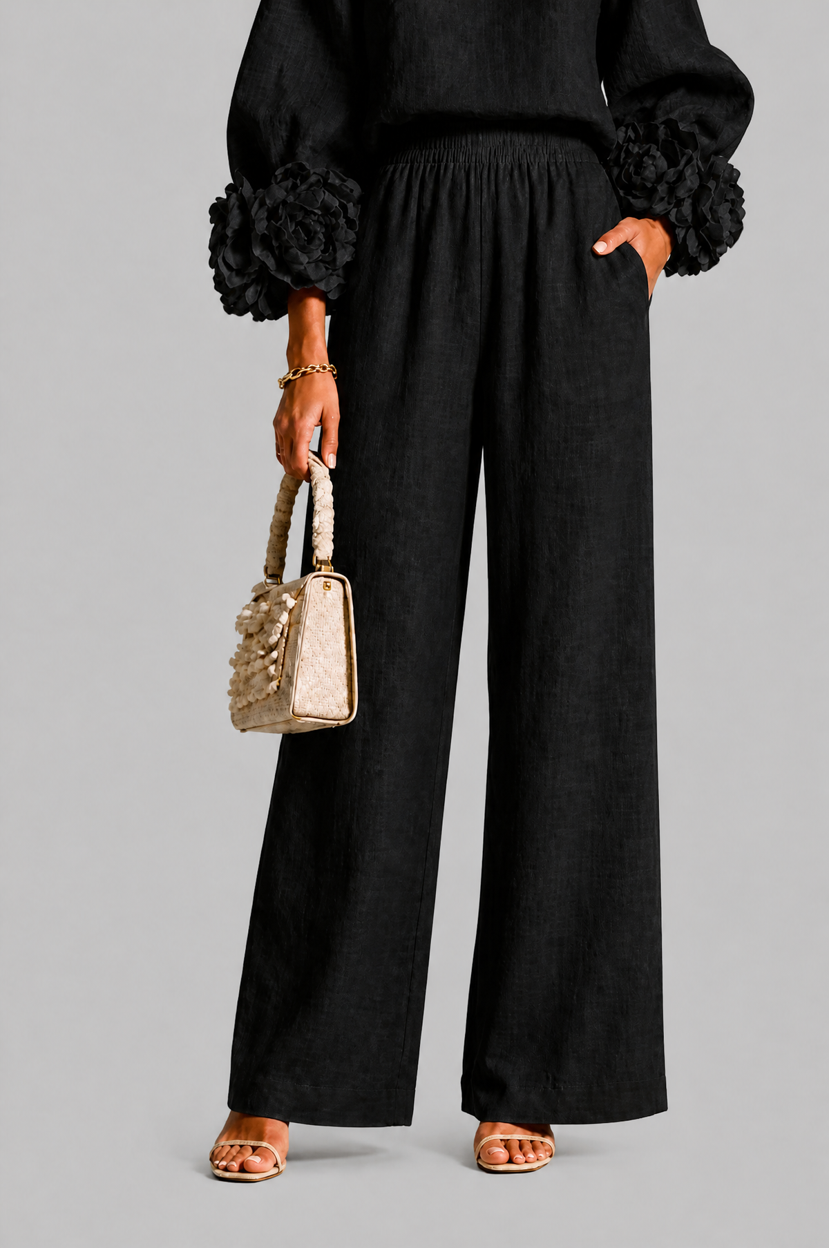Completo Donna Top Rose 3D e Pantaloni Palazzo Coordinato Donna