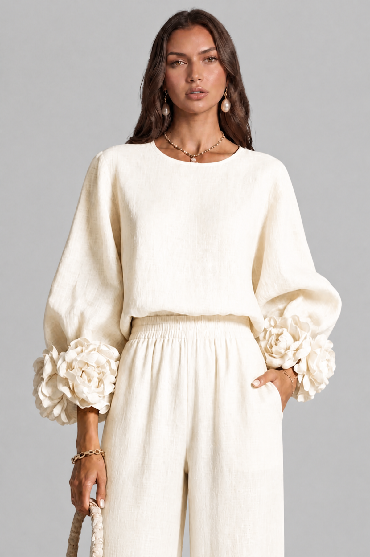 Completo Donna Top Rose 3D e Pantaloni Palazzo Coordinato Donna