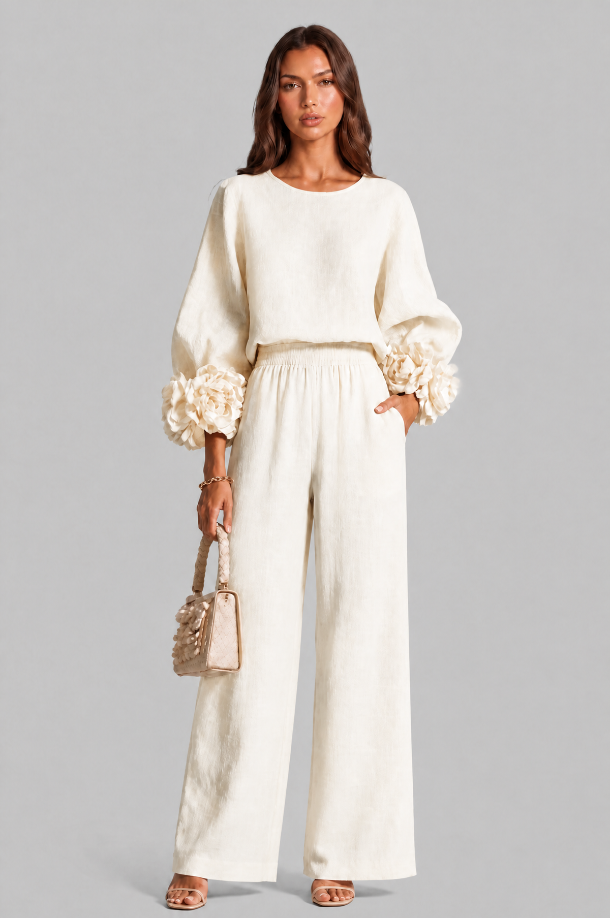 Completo Donna Top Rose 3D e Pantaloni Palazzo Coordinato Donna