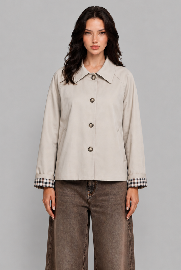 Giacca Trench Donna Corta Oversize Polsini in Vichy