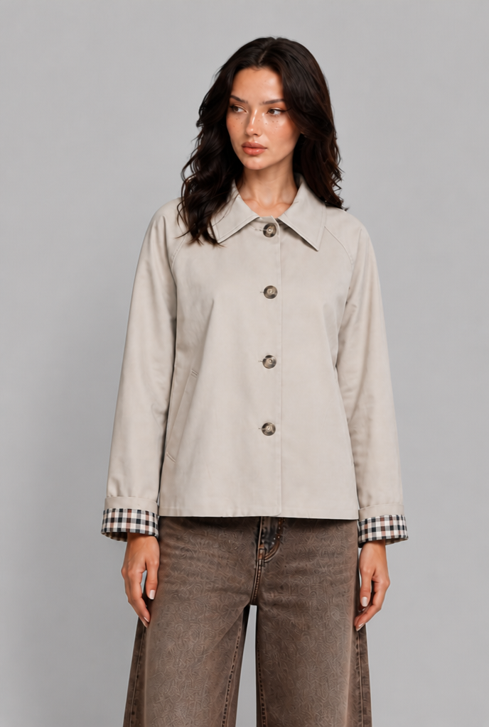 Giacca Trench Donna Corta Oversize Polsini in Vichy
