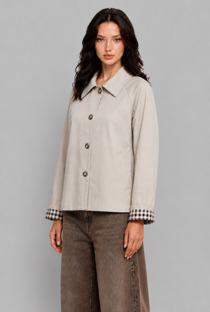 Giacca Trench Donna Corta Oversize Polsini in Vichy