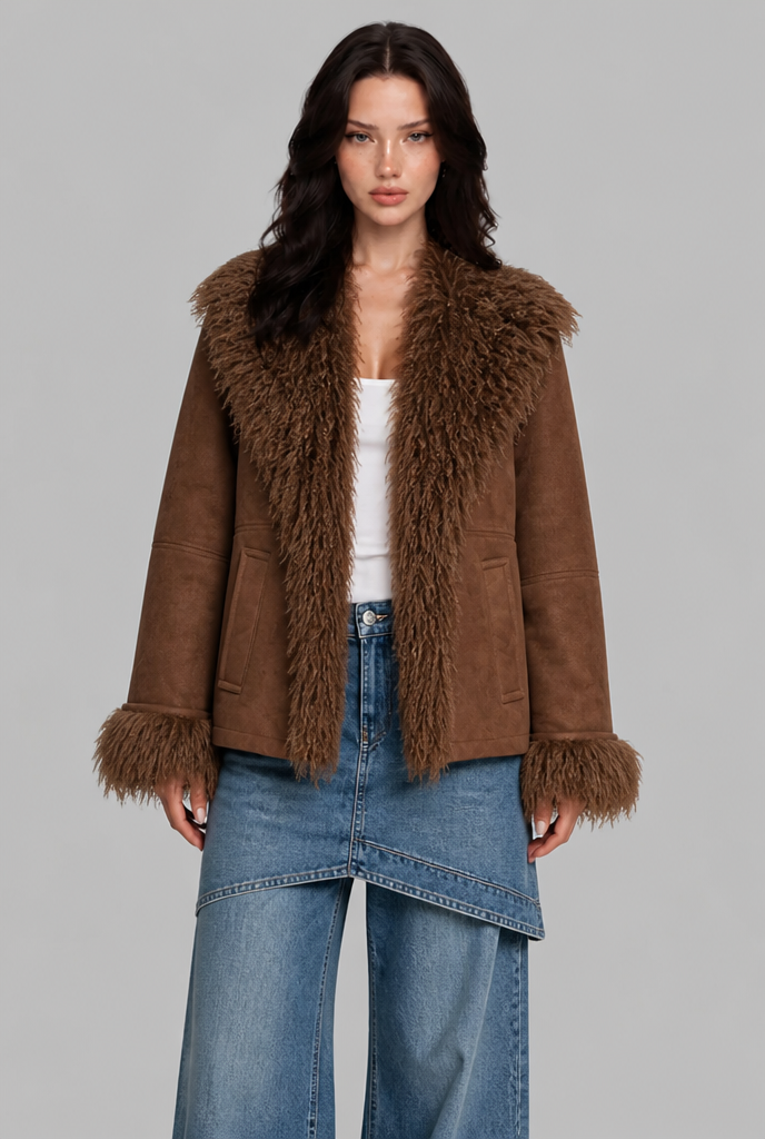 Giacca Aviator Donna Effetto Camoscio Collo Pelliccia Sintetica Shaggy