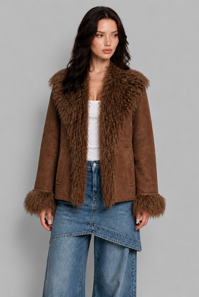Giacca Aviator Donna Effetto Camoscio Collo Pelliccia Sintetica Shaggy