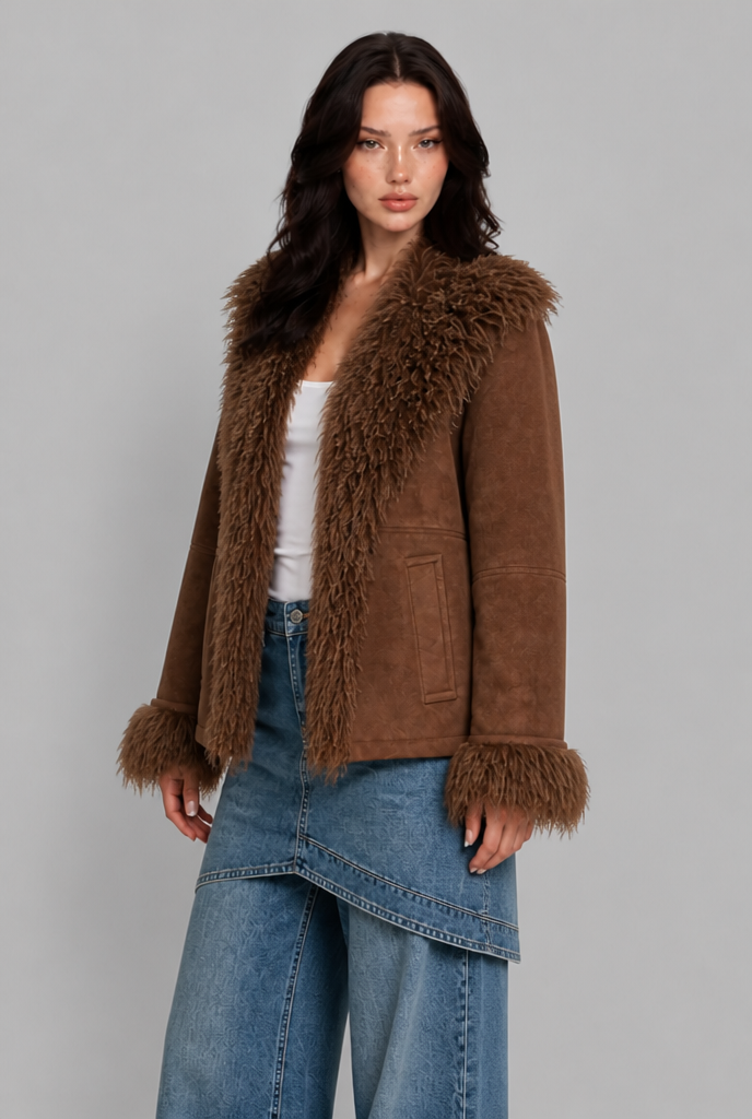 Giacca Aviator Donna Effetto Camoscio Collo Pelliccia Sintetica Shaggy