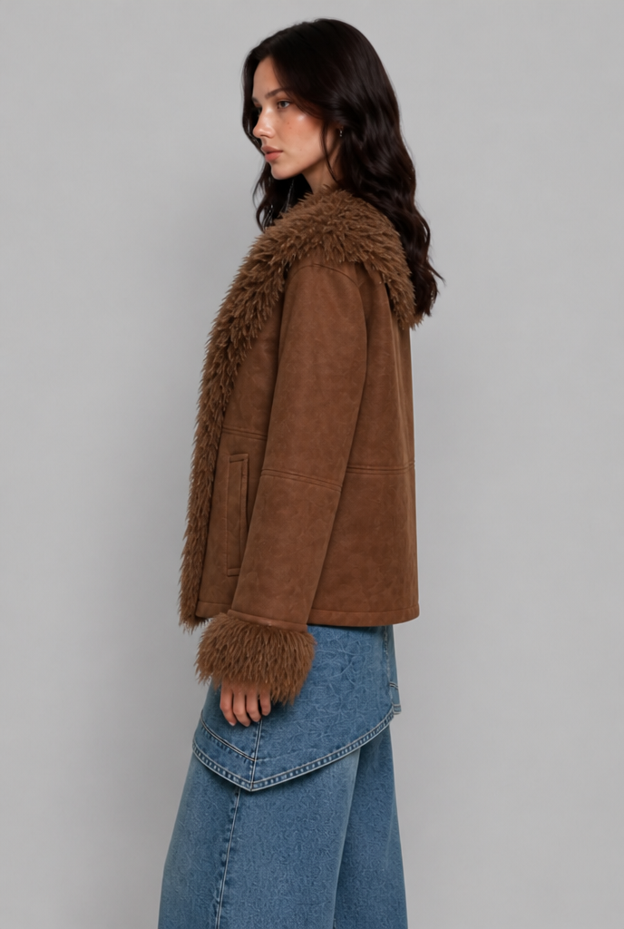 Giacca Aviator Donna Effetto Camoscio Collo Pelliccia Sintetica Shaggy