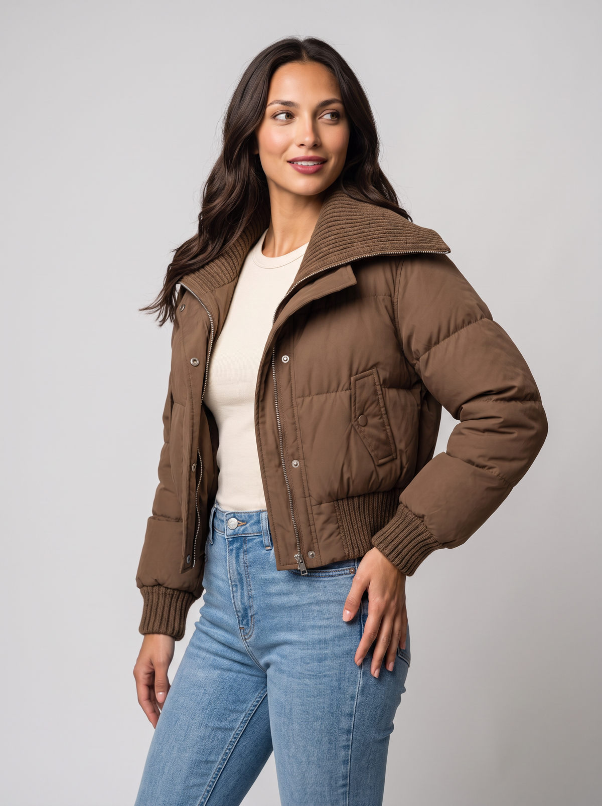 Giubbotto Donna Corto Imbottito Collo in Maglia a Coste Zip Caldo