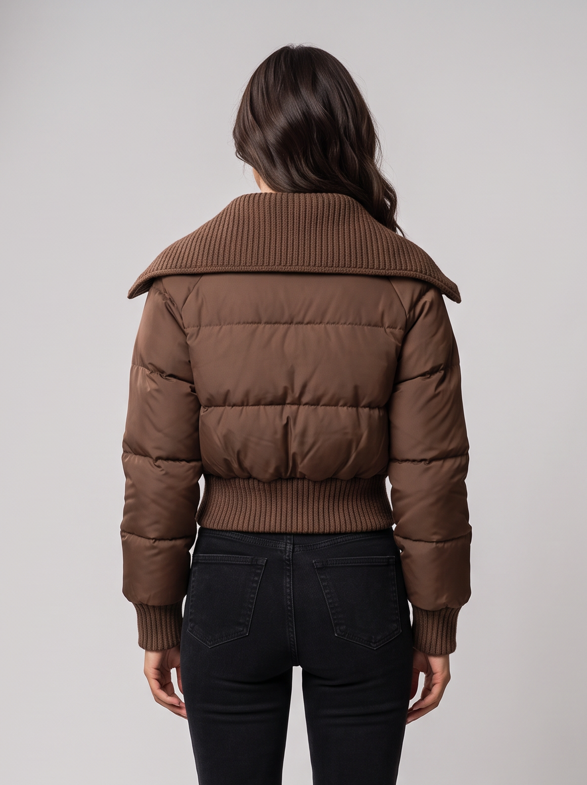 Giubbotto Donna Corto Imbottito Collo in Maglia a Coste Zip Caldo