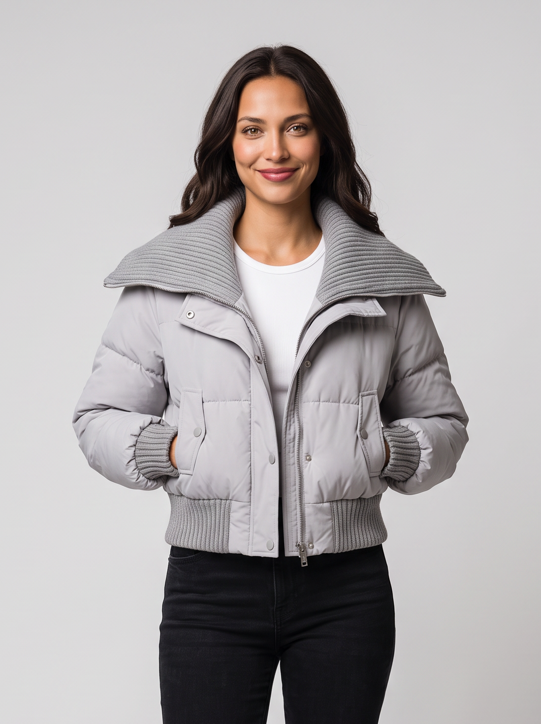 Giubbotto Donna Corto Imbottito Collo in Maglia a Coste Zip Caldo