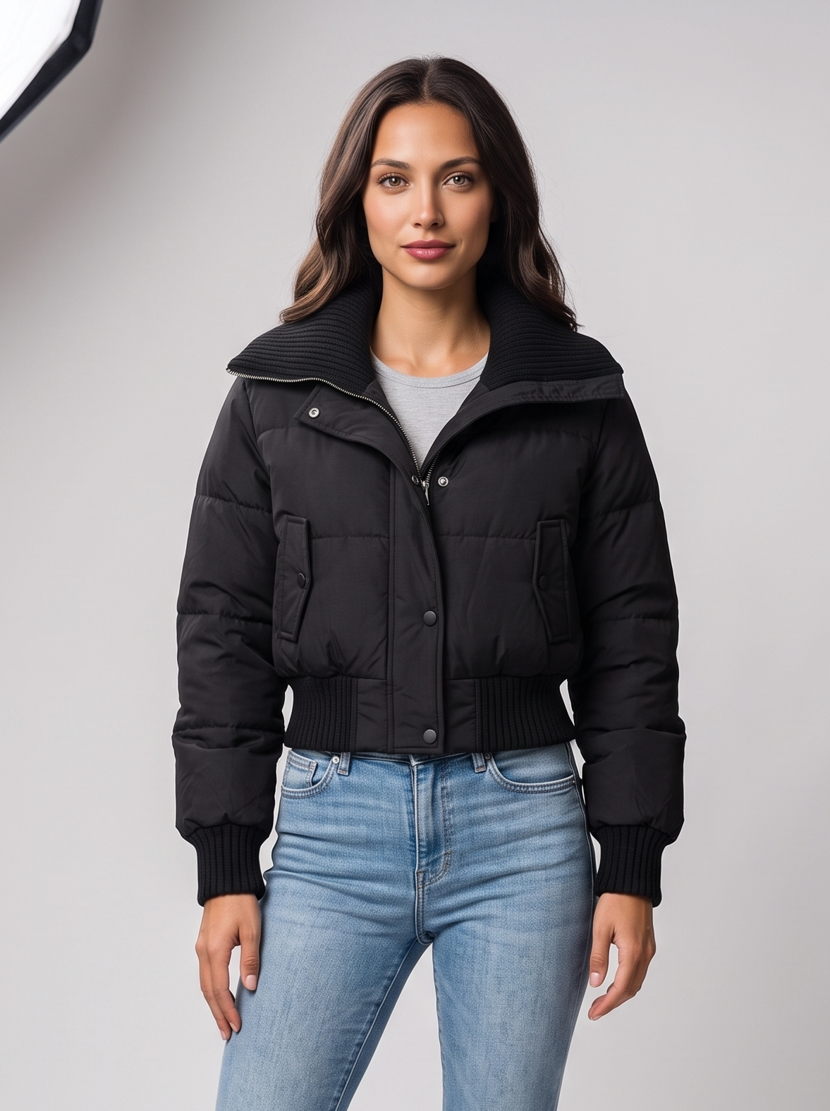 Giubbotto Donna Corto Imbottito Collo in Maglia a Coste Zip Caldo