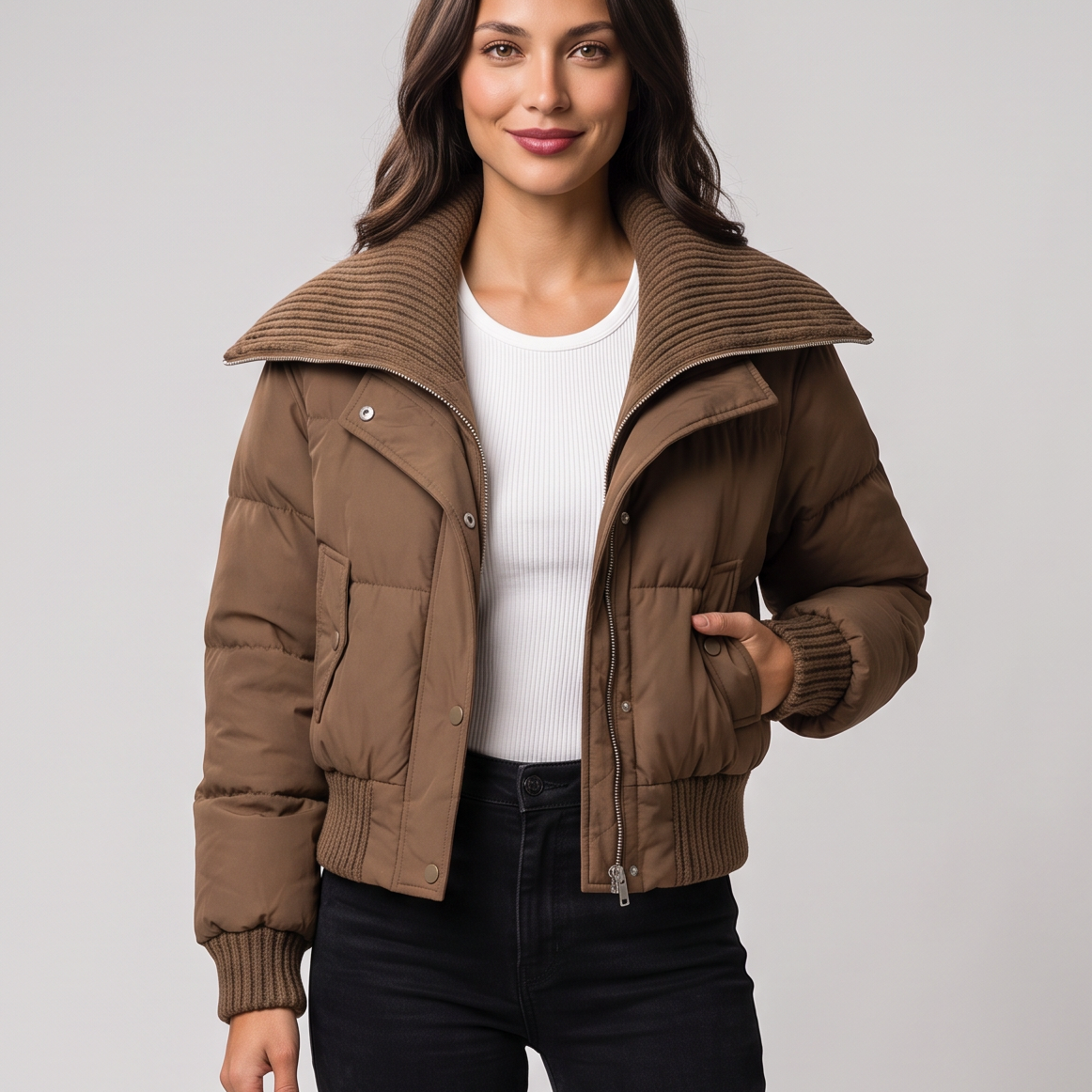 Giubbotto Donna Corto Imbottito Collo in Maglia a Coste Zip Caldo