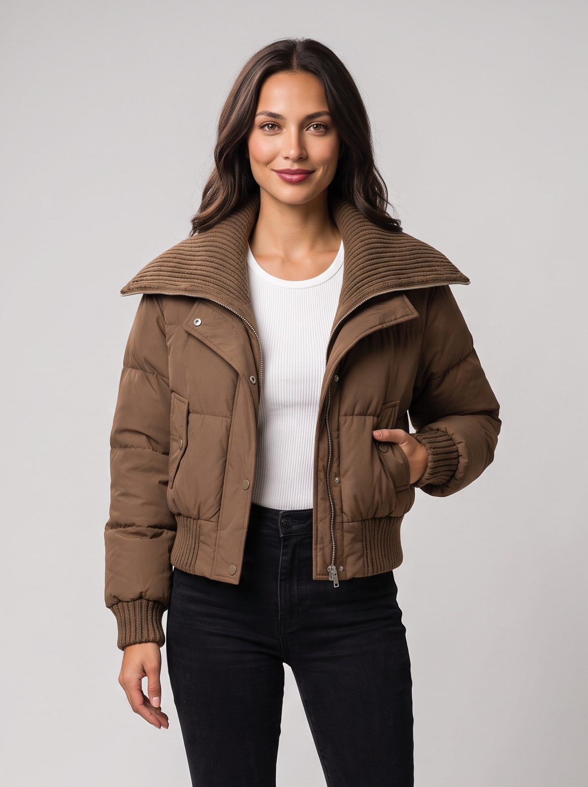 Giubbotto Donna Corto Imbottito Collo in Maglia a Coste Zip Caldo