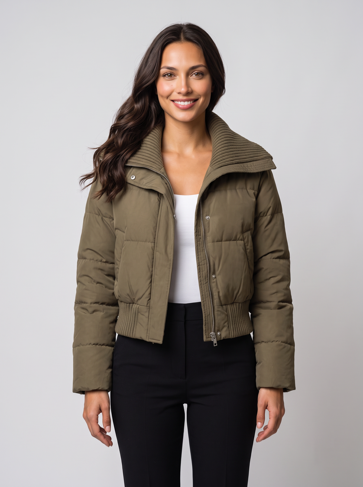 Giubbotto Donna Corto Imbottito Collo in Maglia a Coste Zip Caldo