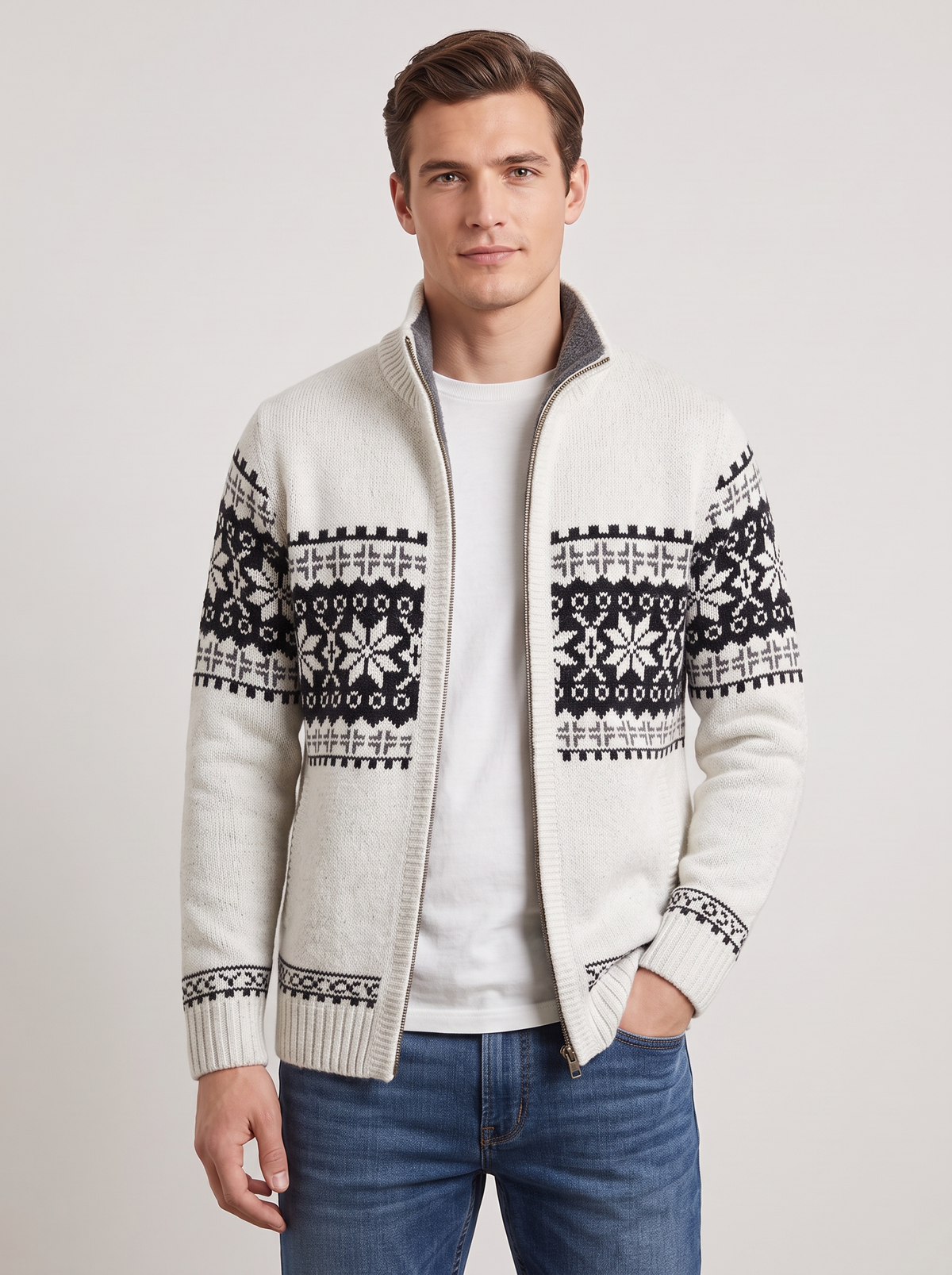 Giacca Uomo in Maglia Misto Lana Zip Intera Fair Isle Nordico