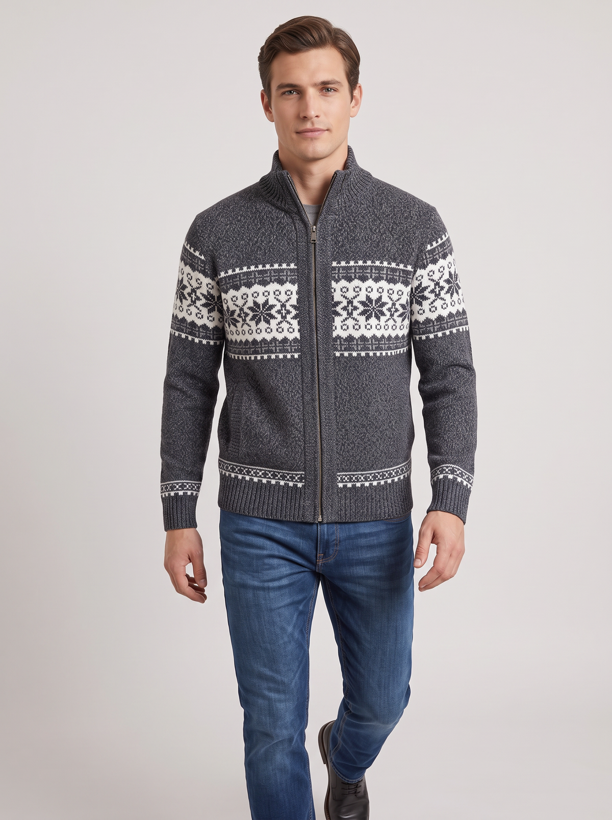 Giacca Uomo in Maglia Misto Lana Zip Intera Fair Isle Nordico