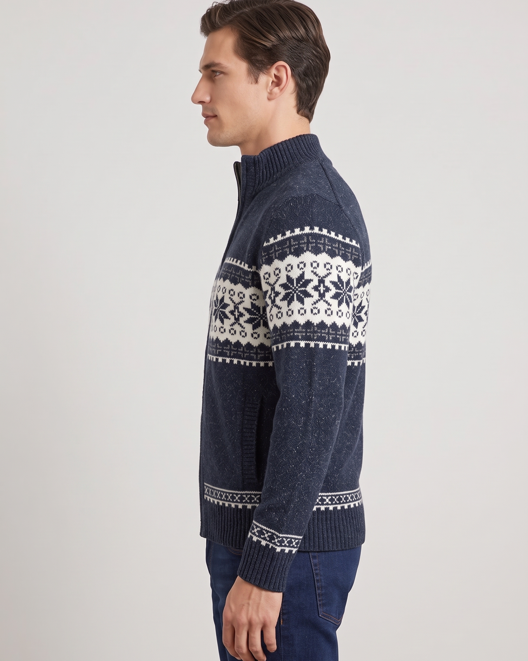 Giacca Uomo in Maglia Misto Lana Zip Intera Fair Isle Nordico