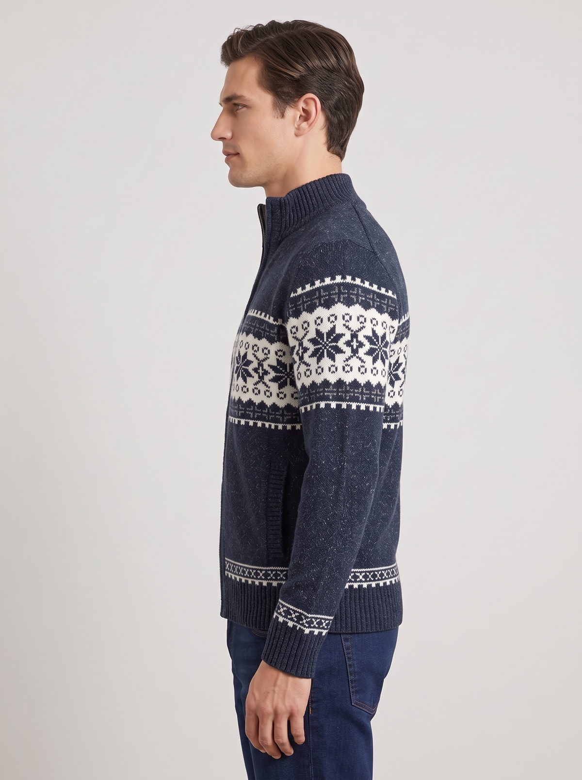 Giacca Uomo in Maglia Misto Lana Zip Intera Fair Isle Nordico