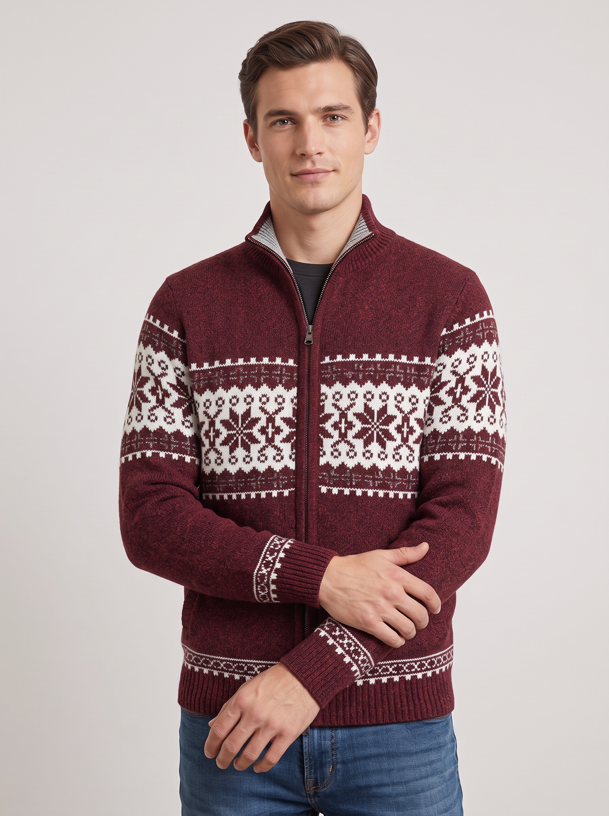 Giacca Uomo in Maglia Misto Lana Zip Intera Fair Isle Nordico