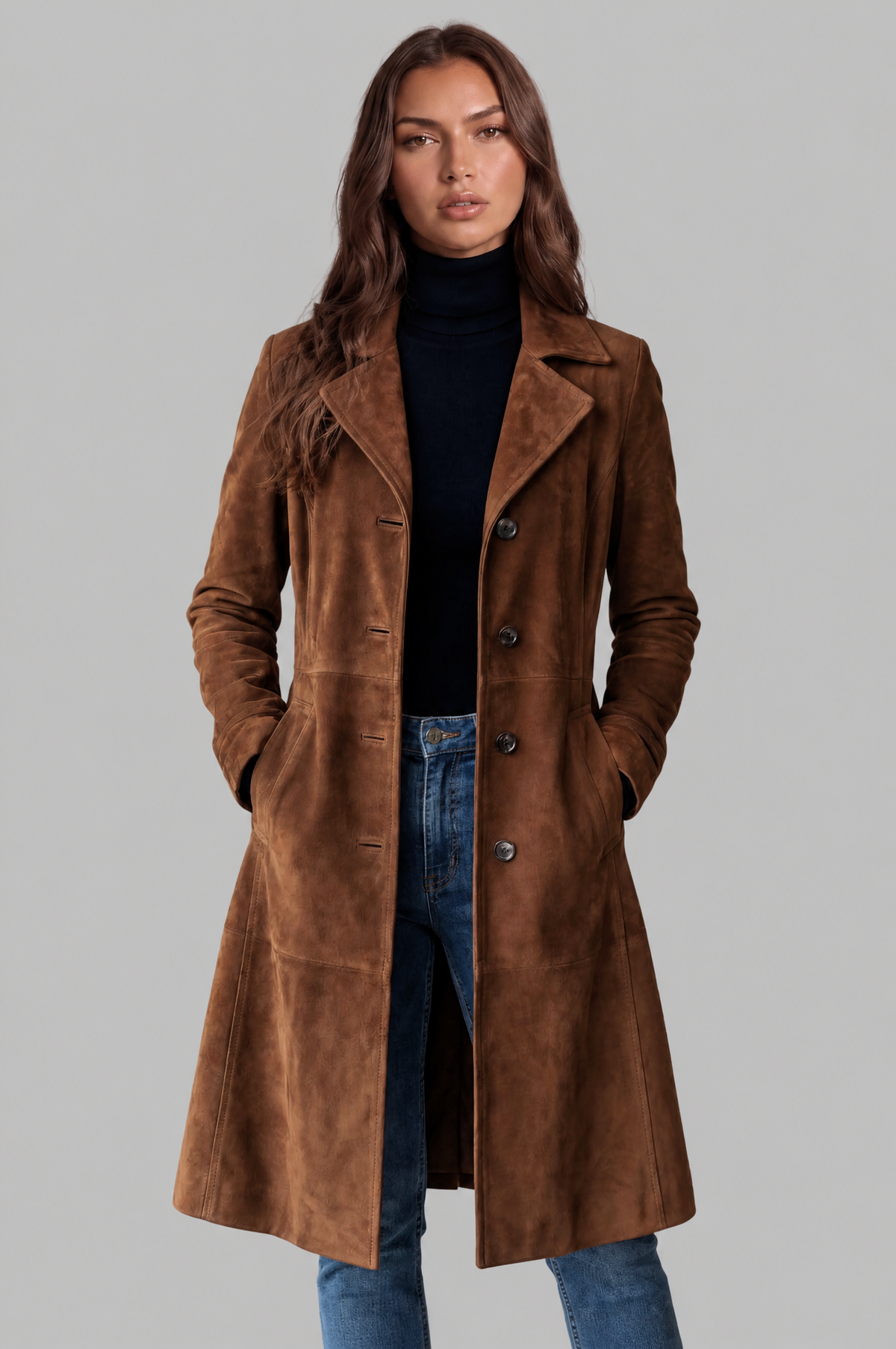 Cappotto Donna Lungo in Camoscio Monopetto Sartoriale al Ginocchio