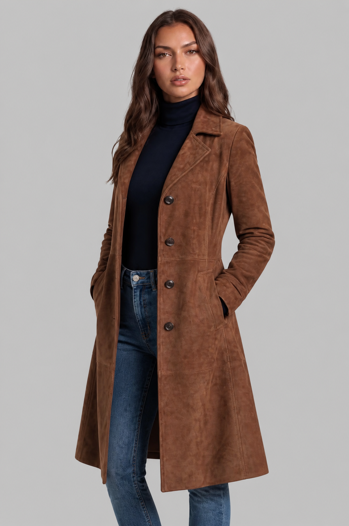 Cappotto Donna Lungo in Camoscio Monopetto Sartoriale al Ginocchio