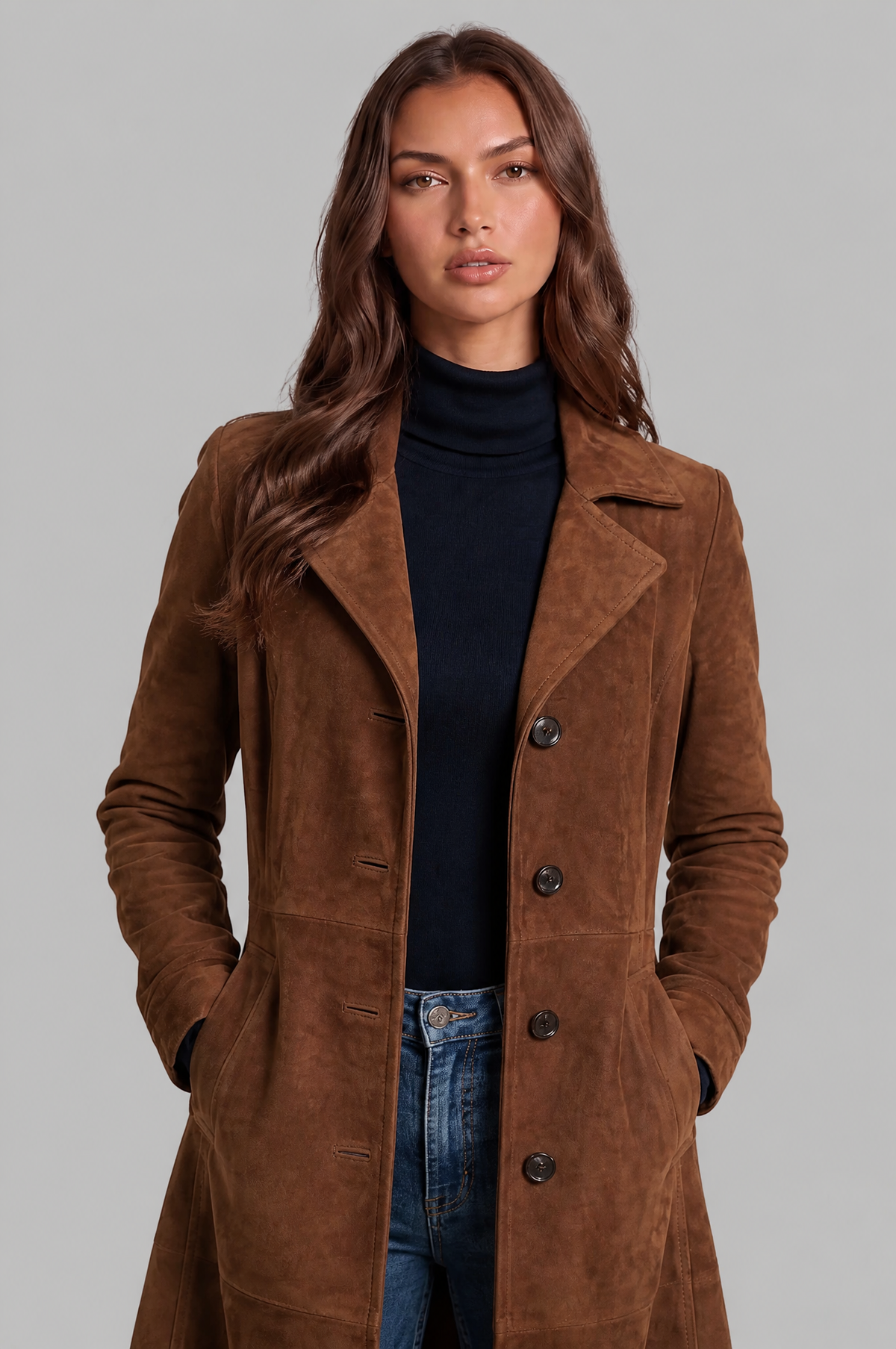 Cappotto Donna Lungo in Camoscio Monopetto Sartoriale al Ginocchio