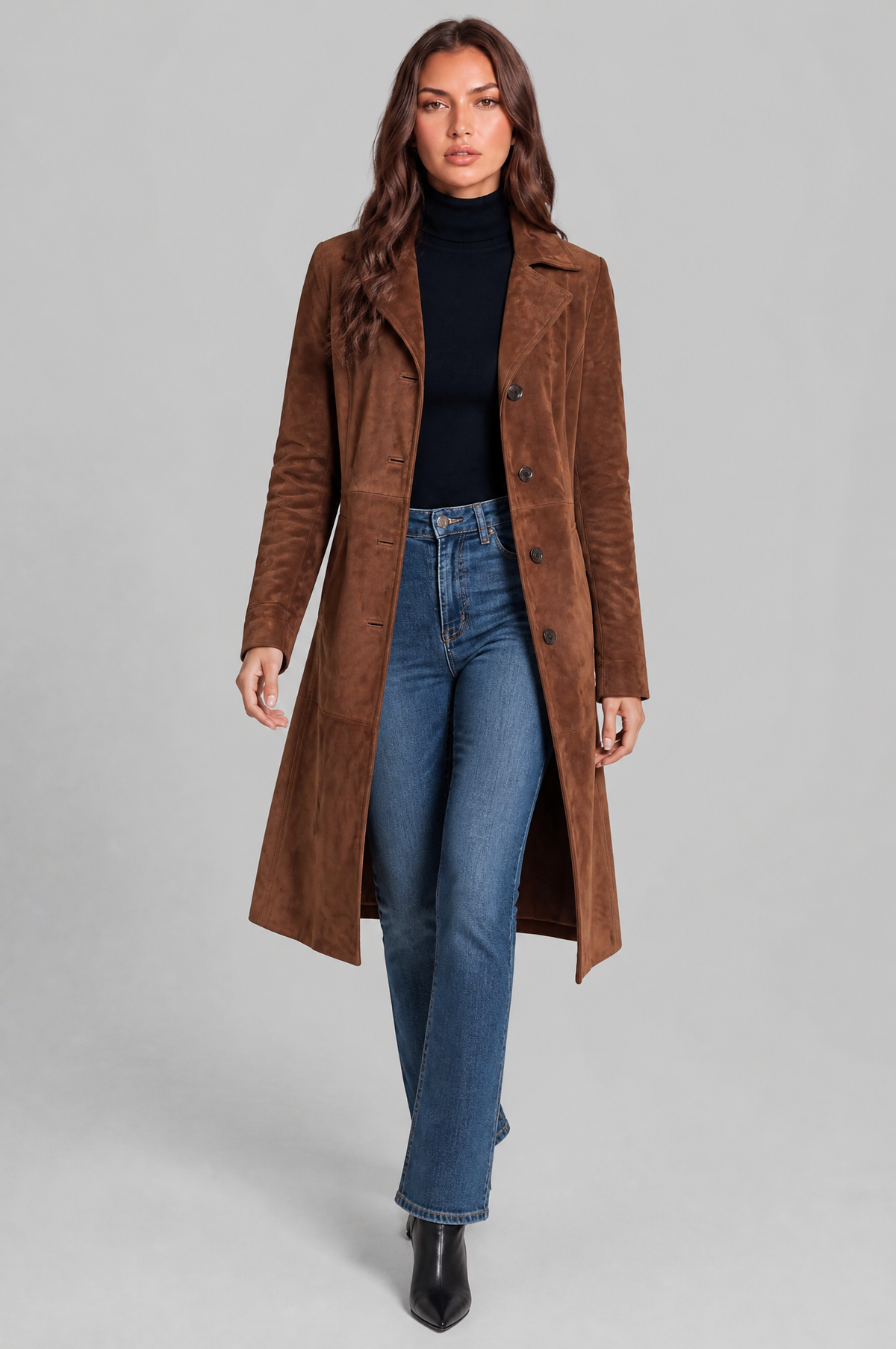 Cappotto Donna Lungo in Camoscio Monopetto Sartoriale al Ginocchio