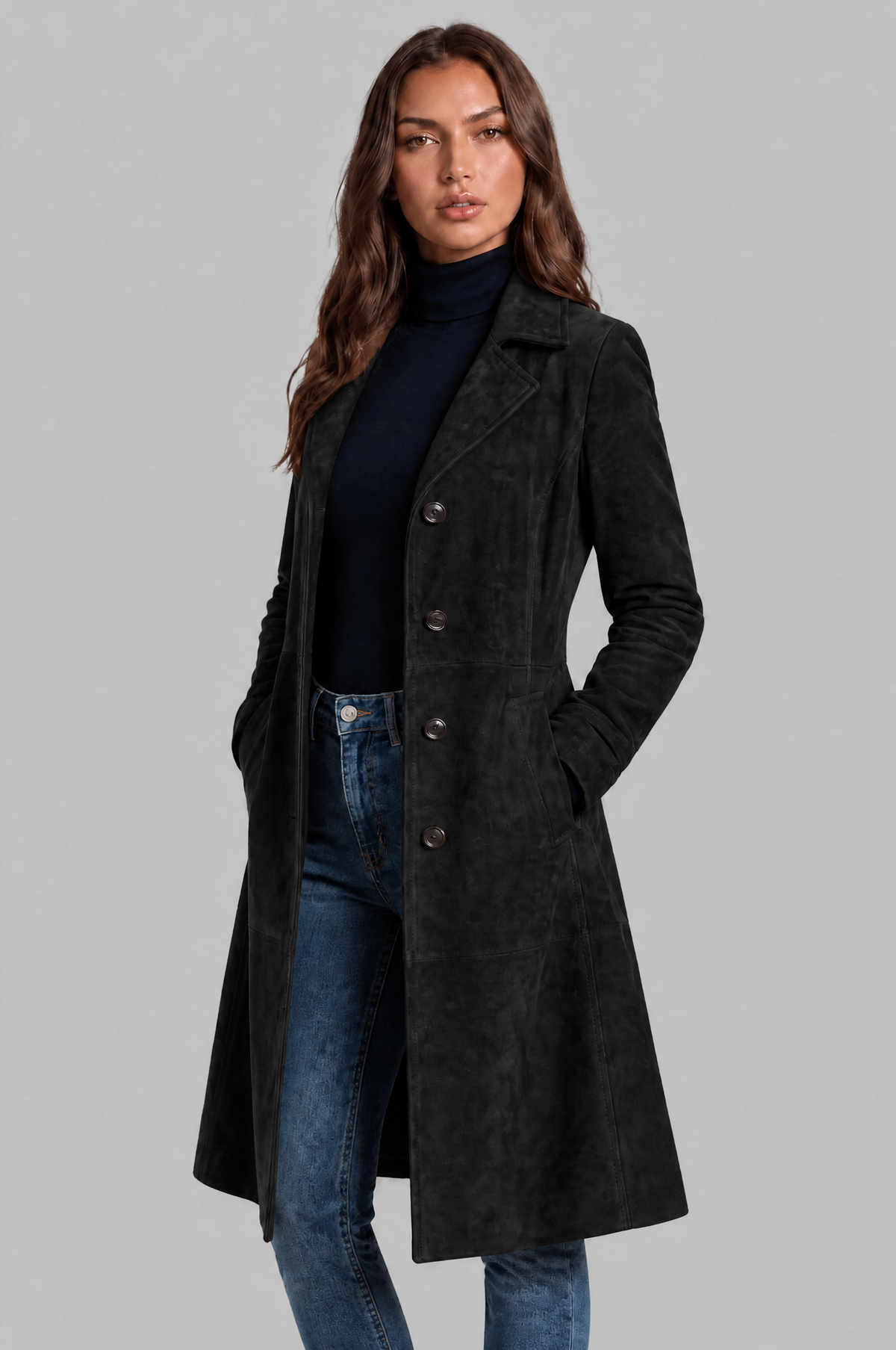 Cappotto Donna Lungo in Camoscio Monopetto Sartoriale al Ginocchio