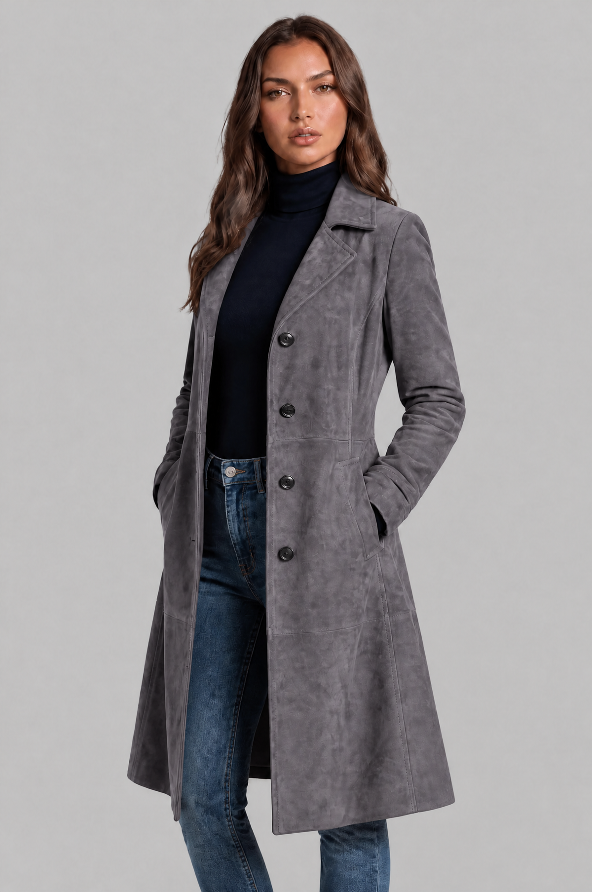 Cappotto Donna Lungo in Camoscio Monopetto Sartoriale al Ginocchio