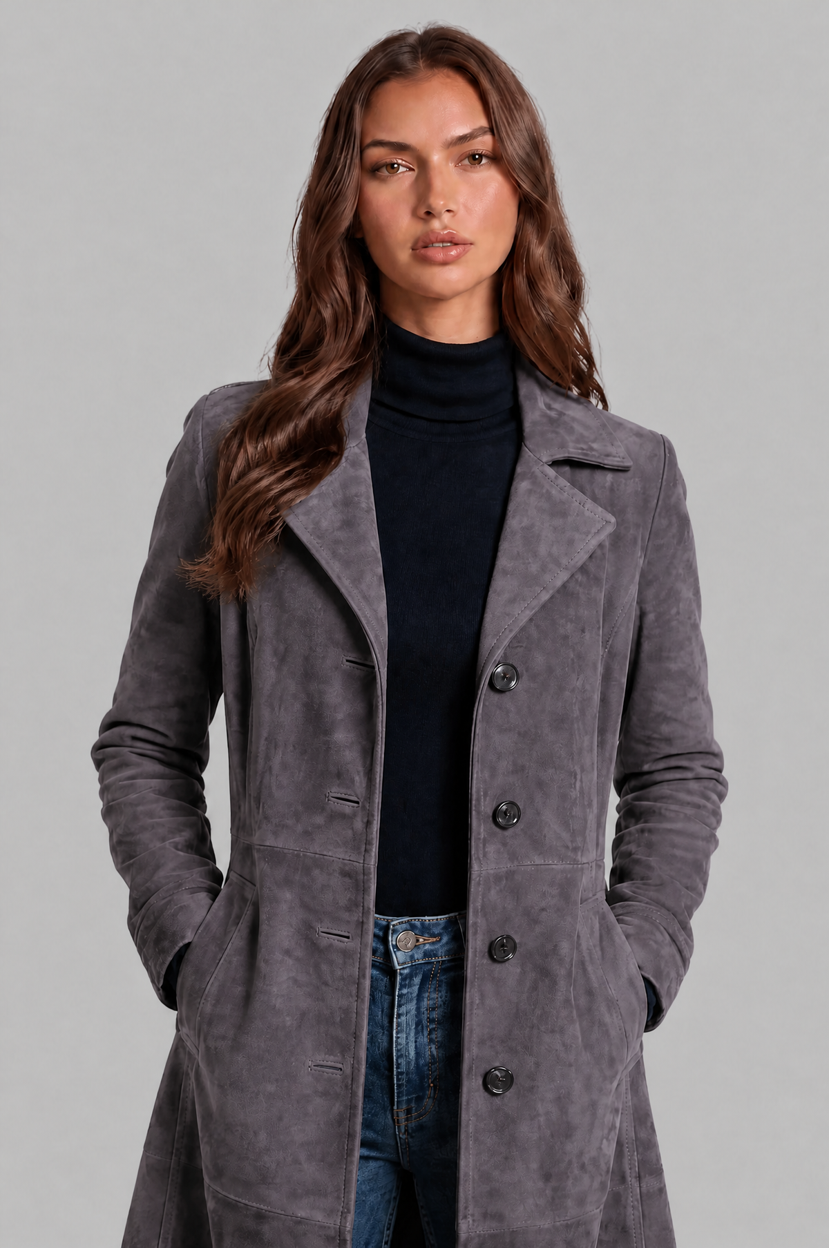 Cappotto Donna Lungo in Camoscio Monopetto Sartoriale al Ginocchio