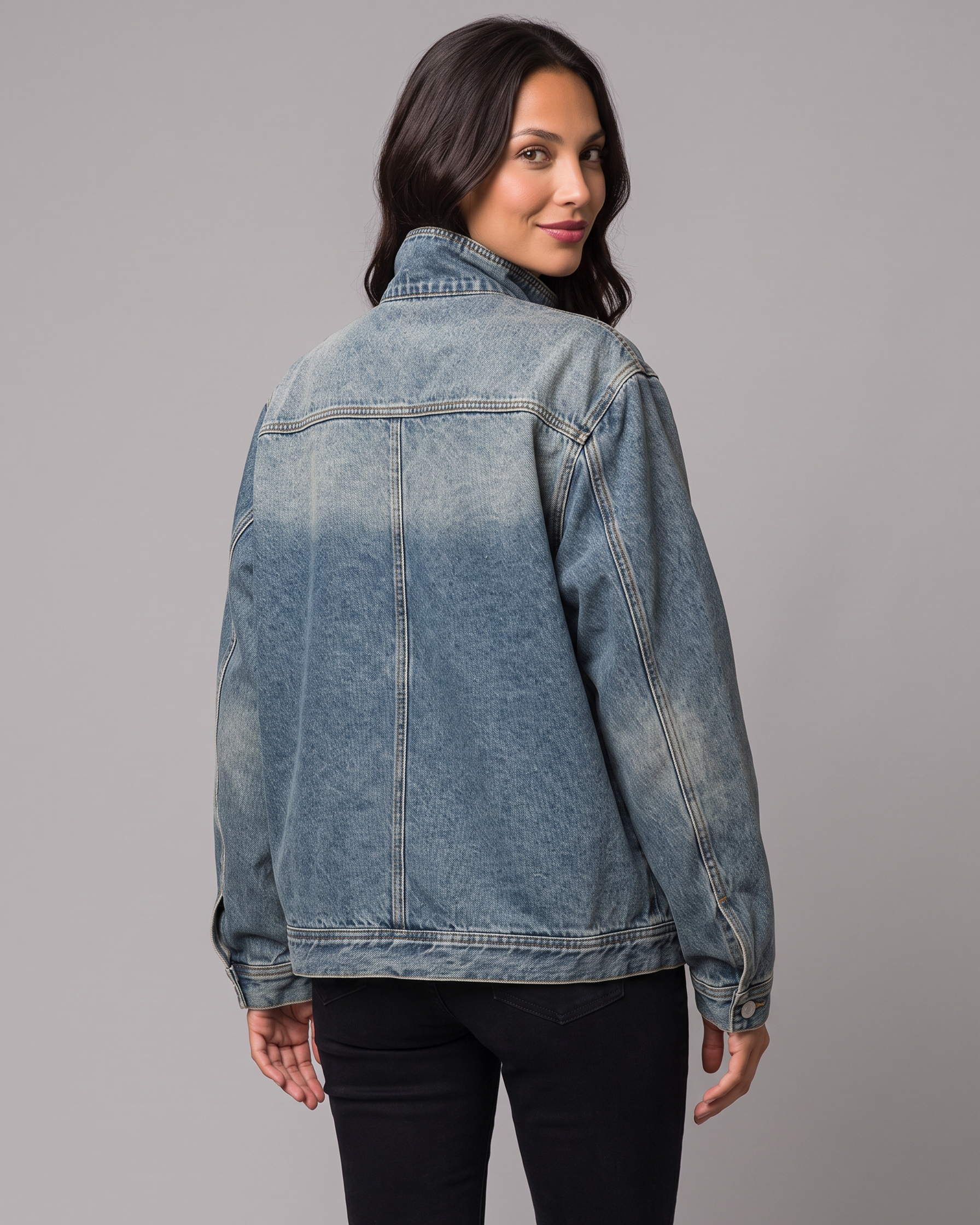 Giacca Donna di Jeans Oversize Collo Alto Chiusura Asimmetrica Lavata