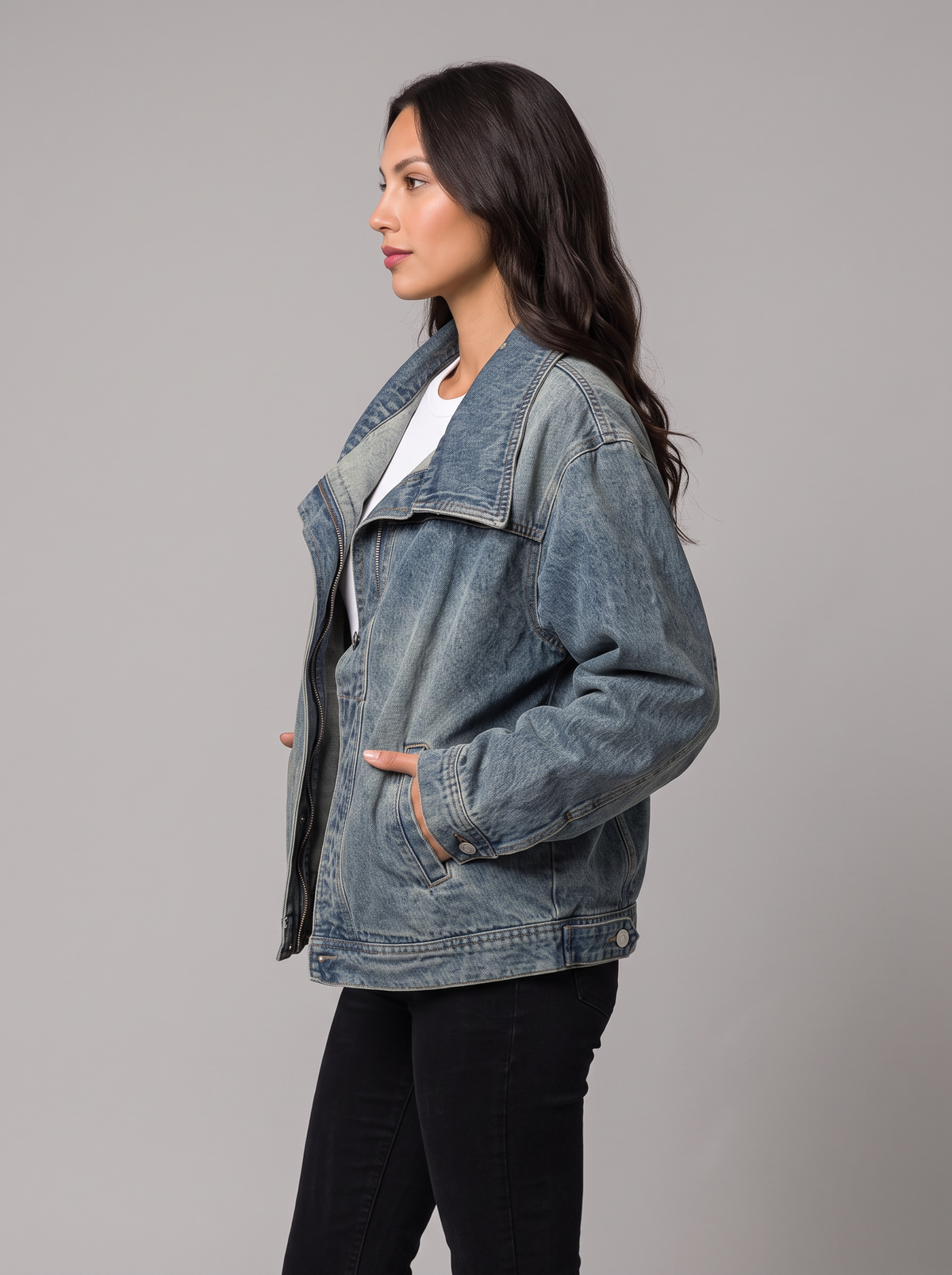 Giacca Donna di Jeans Oversize Collo Alto Chiusura Asimmetrica Lavata
