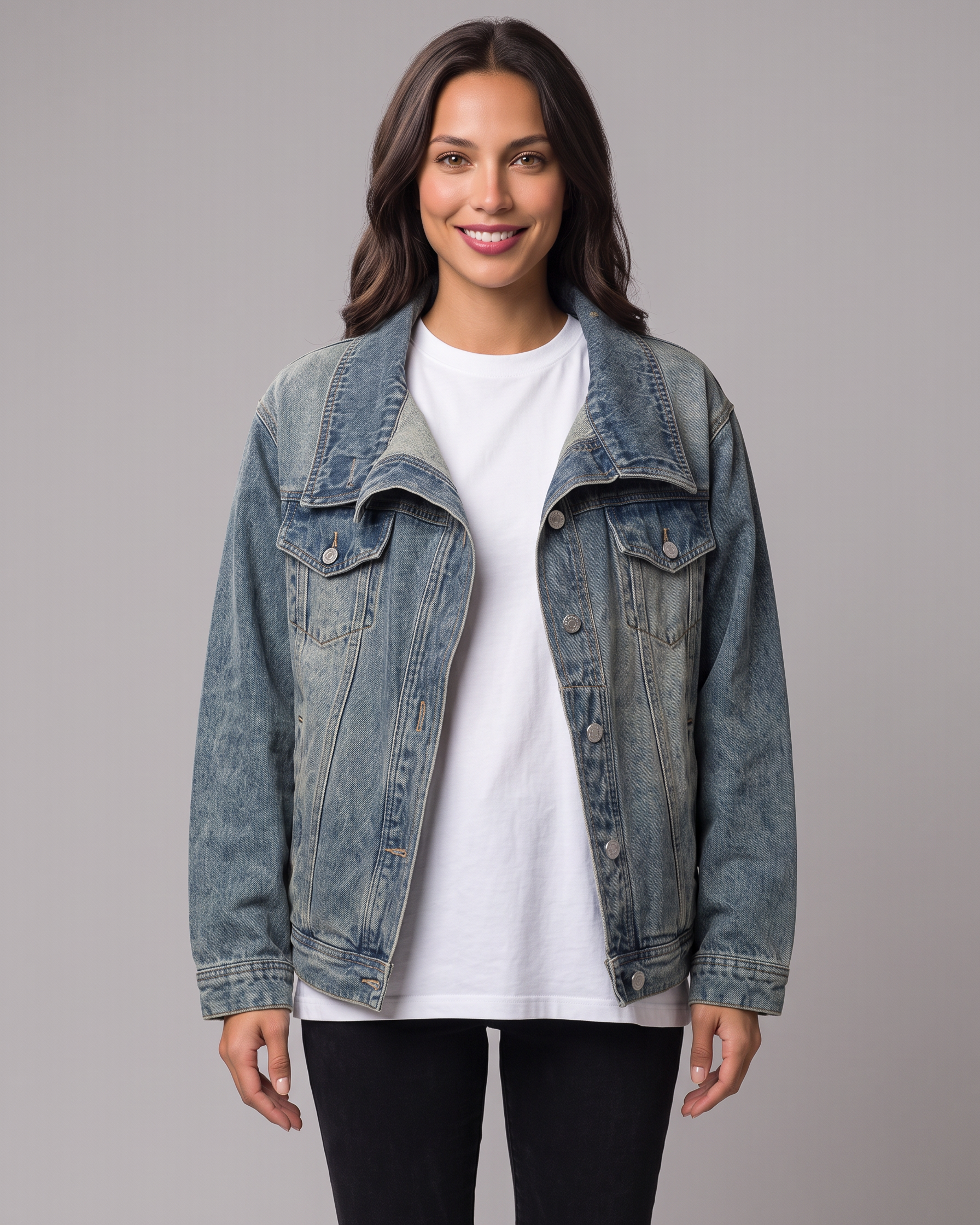 Giacca Donna di Jeans Oversize Collo Alto Chiusura Asimmetrica Lavata