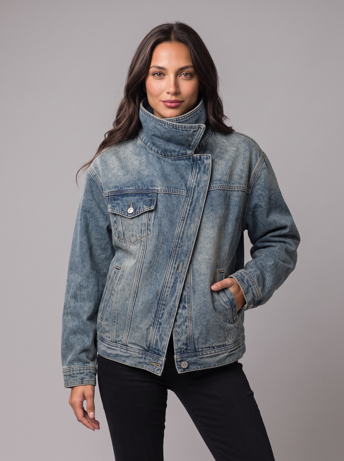 Giacca Donna di Jeans Oversize Collo Alto Chiusura Asimmetrica Lavata