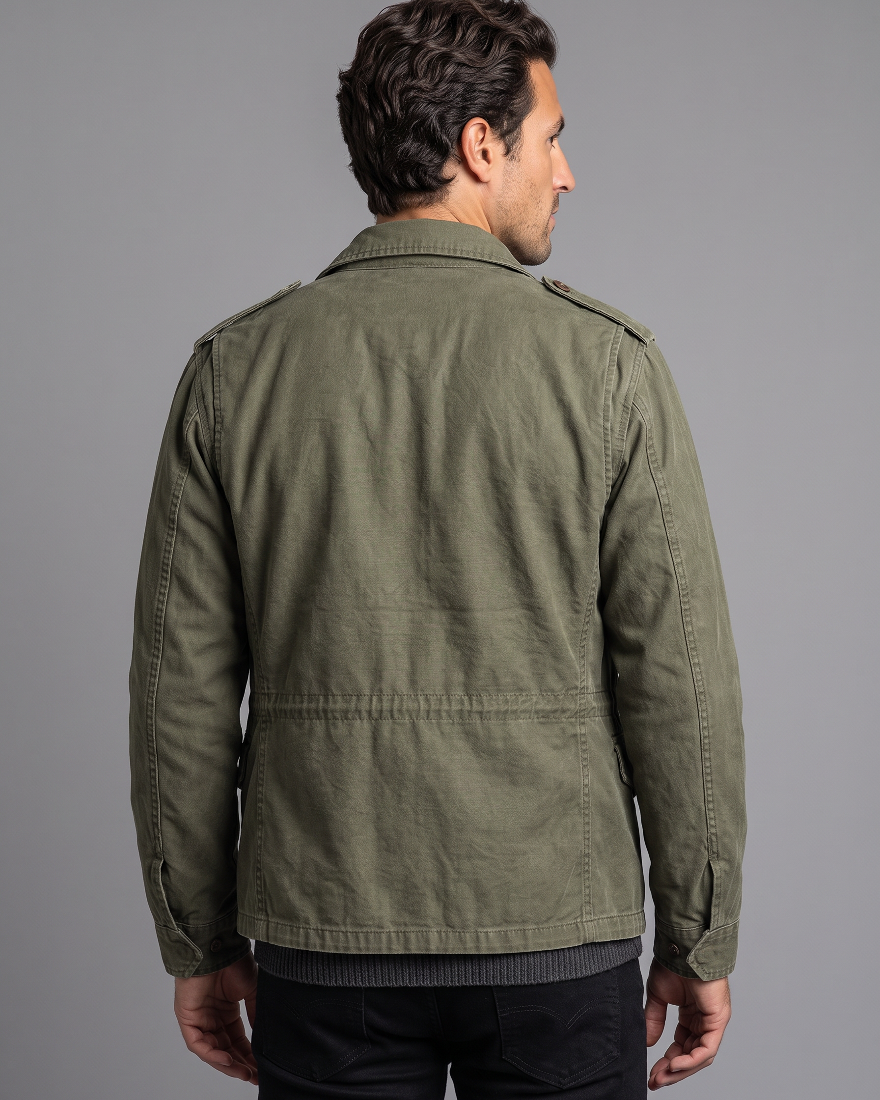 Field Jacket Uomo Militare Vintage Lavata Quattro Tasche con Patta