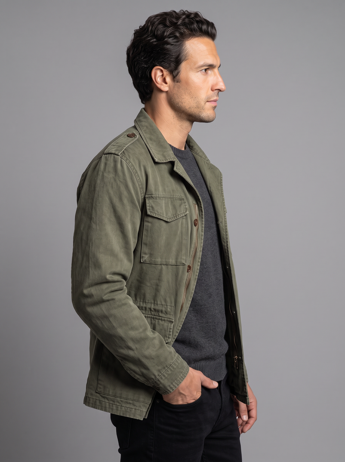 Field Jacket Uomo Militare Vintage Lavata Quattro Tasche con Patta