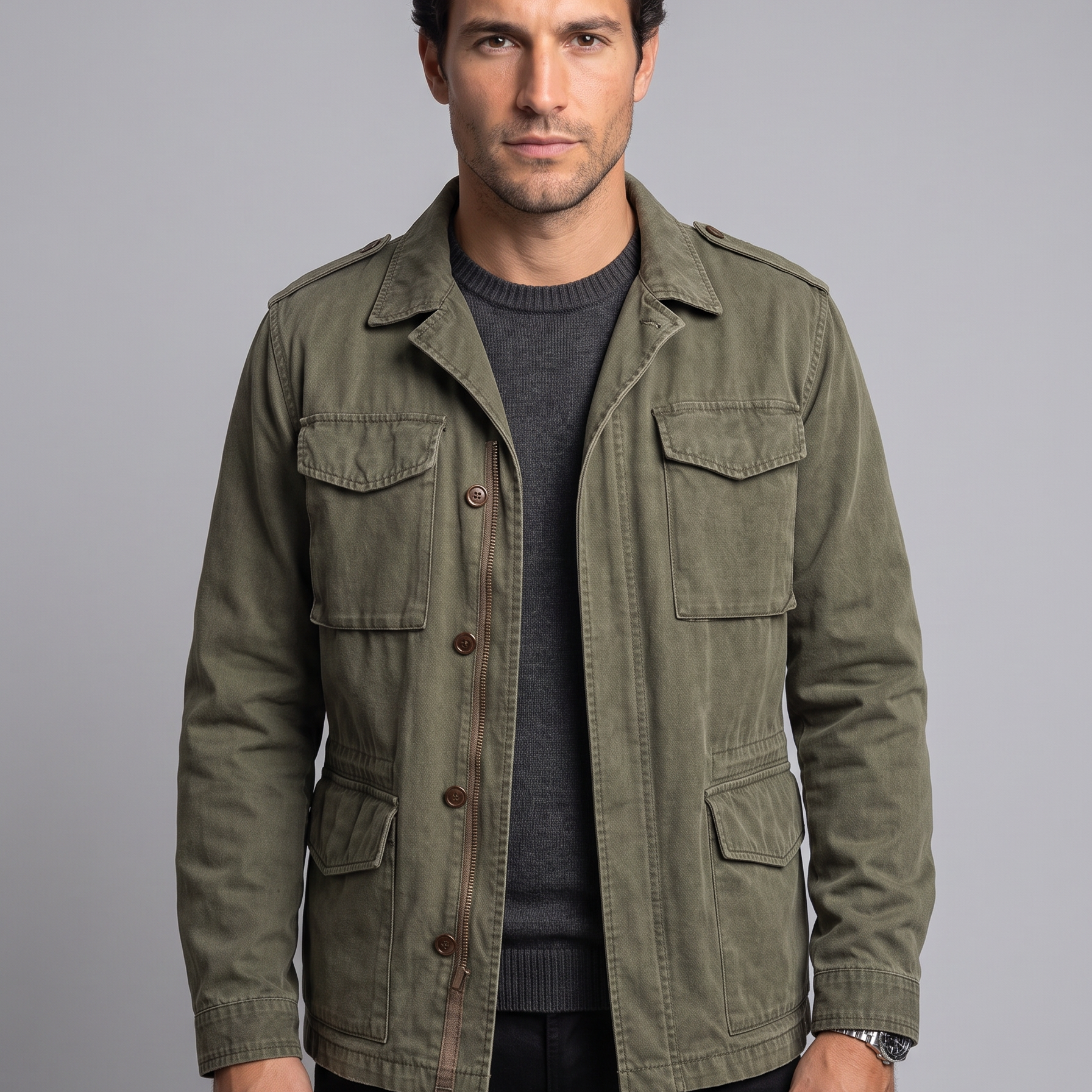 Field Jacket Uomo Militare Vintage Lavata Quattro Tasche con Patta