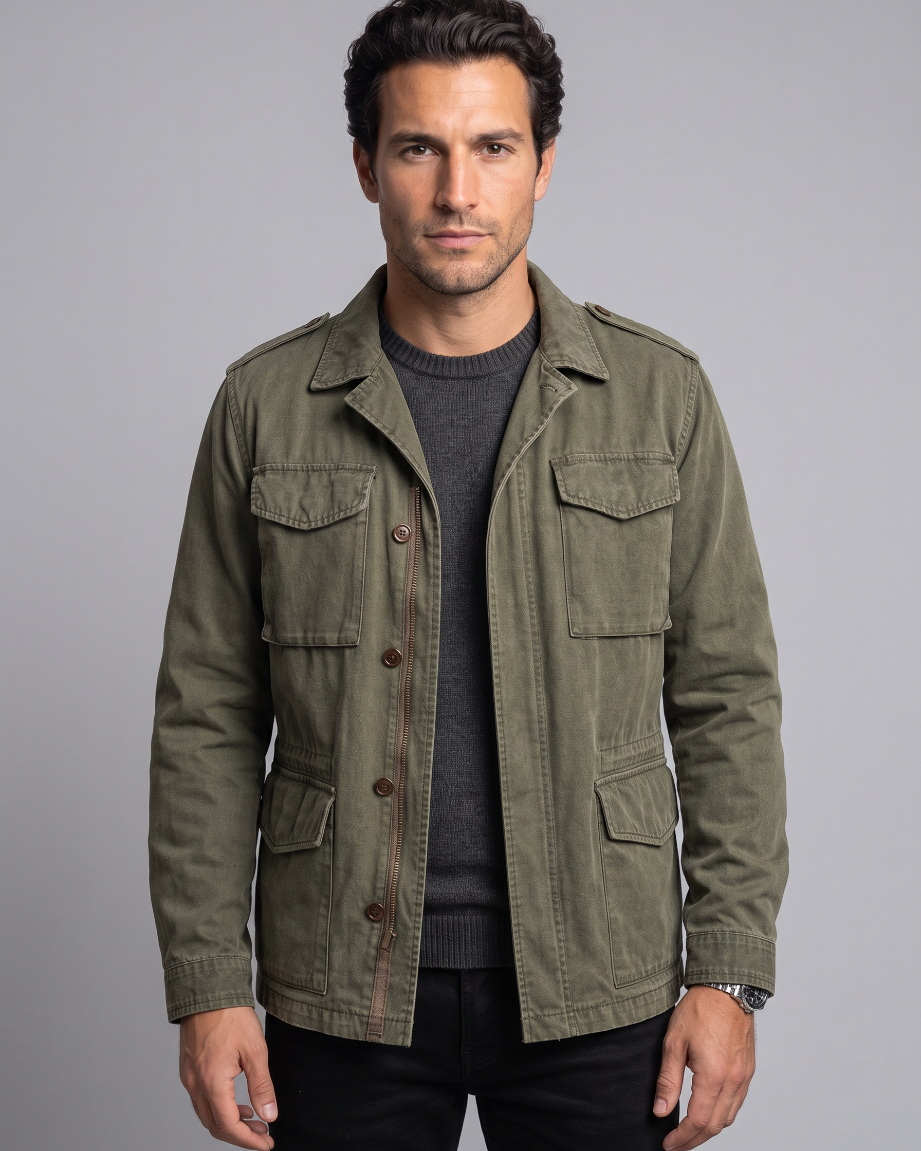 Field Jacket Uomo Militare Vintage Lavata Quattro Tasche con Patta