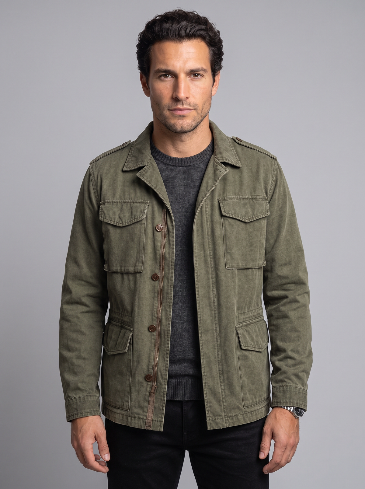 Field Jacket Uomo Militare Vintage Lavata Quattro Tasche con Patta
