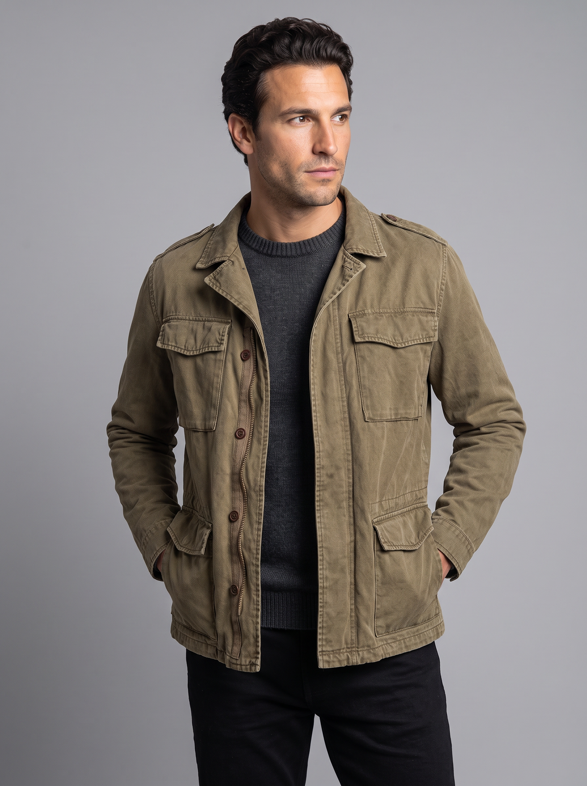 Field Jacket Uomo Militare Vintage Lavata Quattro Tasche con Patta